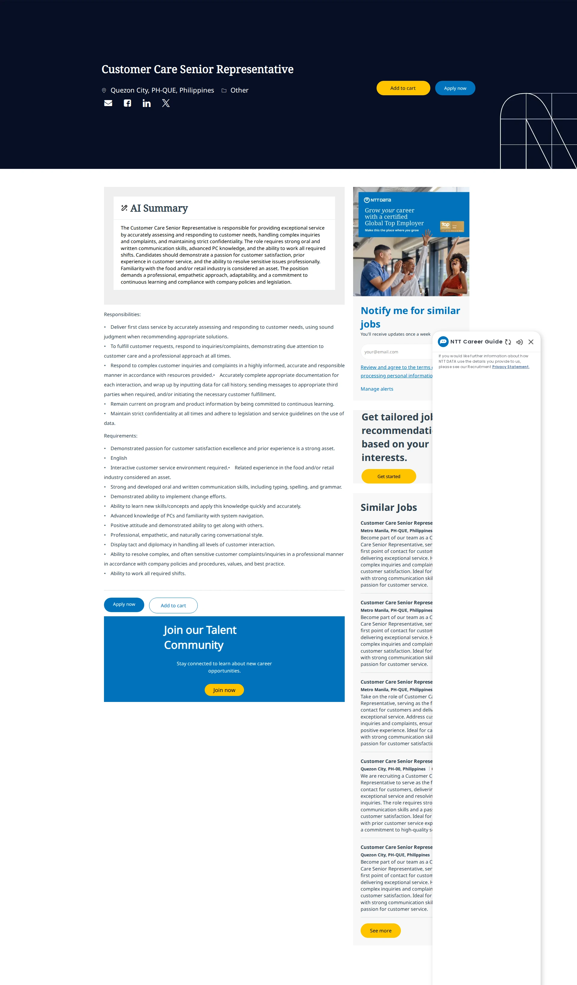 NTT데이터 Customer Care Senior Representative 채용공고