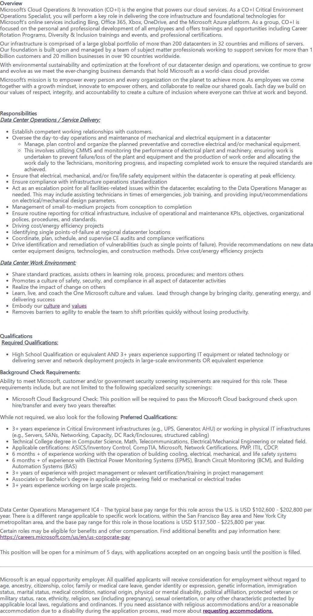 마이크로소프트(Microsoft) Critical Environment Operations Specialist 채용공고