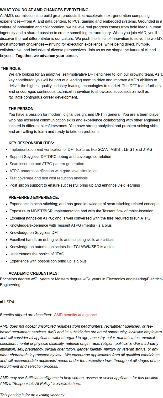 AMD Senior DFT Design Engineer (ATPG/Scan stitching) 채용공고