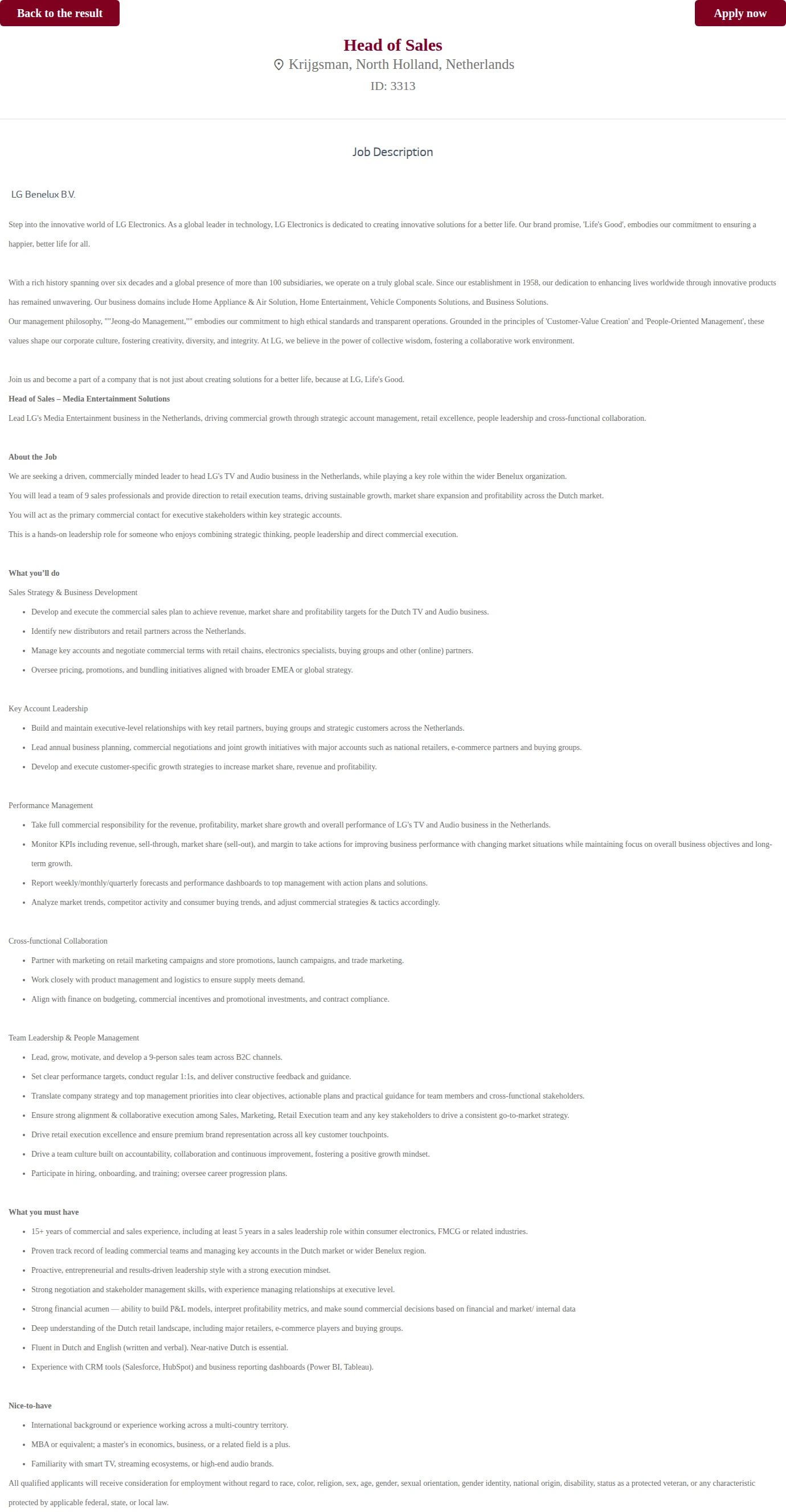 LG전자 Head of Sales – Media Entertainment Solutions 채용공고