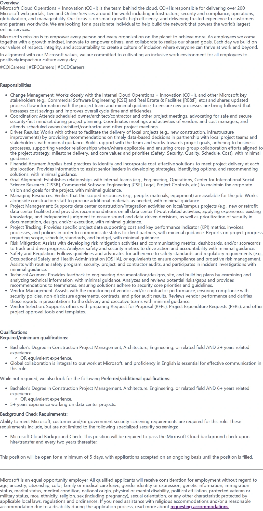 마이크로소프트(Microsoft) Construction Project Engineer, Data Center 채용공고