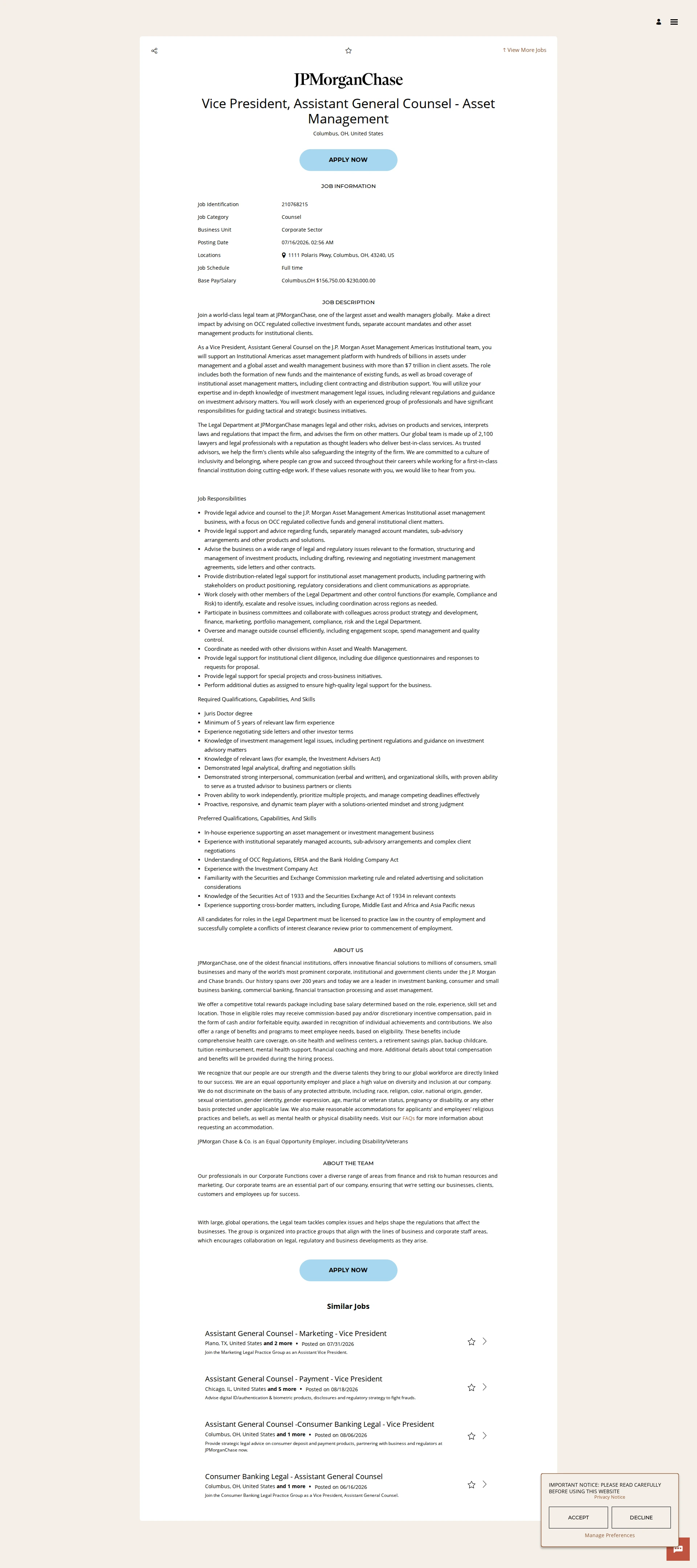 JPMorganChase Vice President, Assistant General Counsel - Asset Management 채용공고