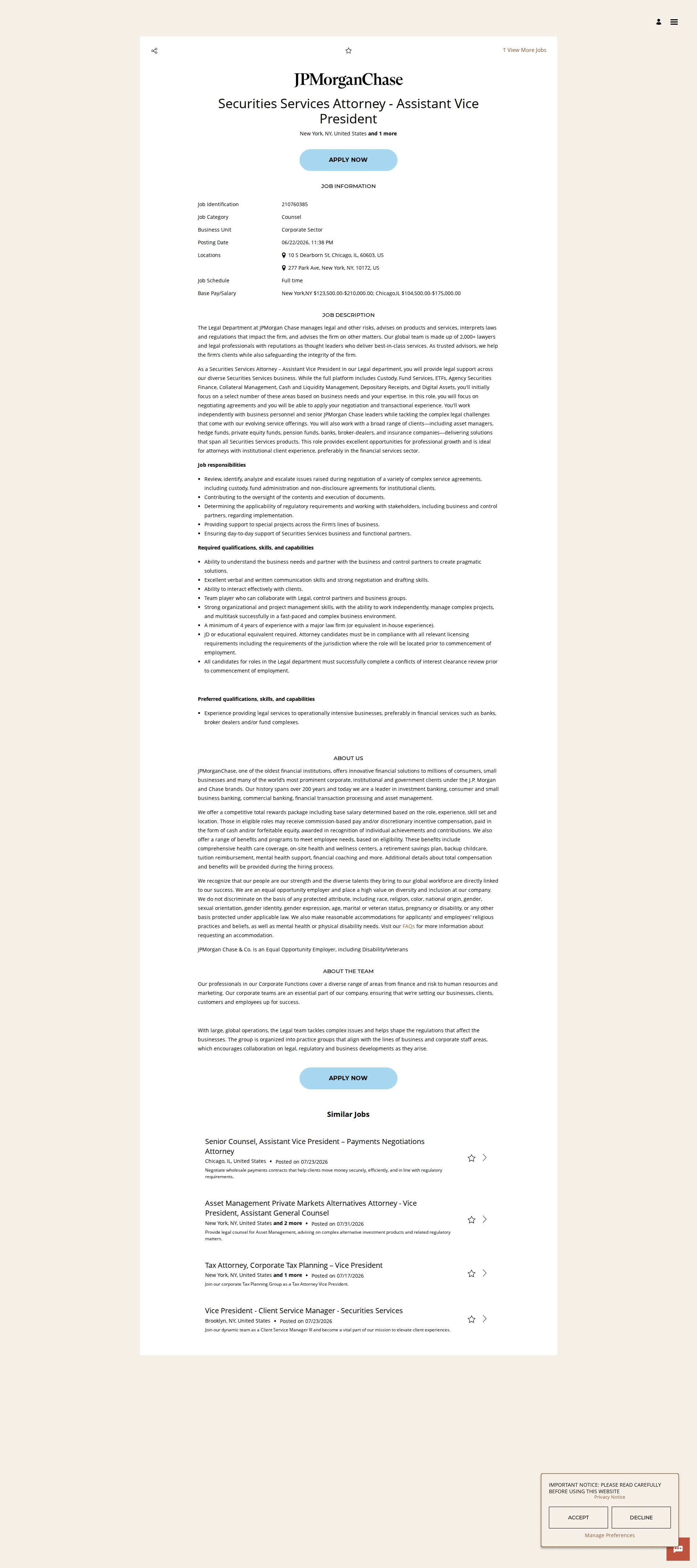 JPMorganChase Securities Services Attorney - Assistant Vice President 채용공고