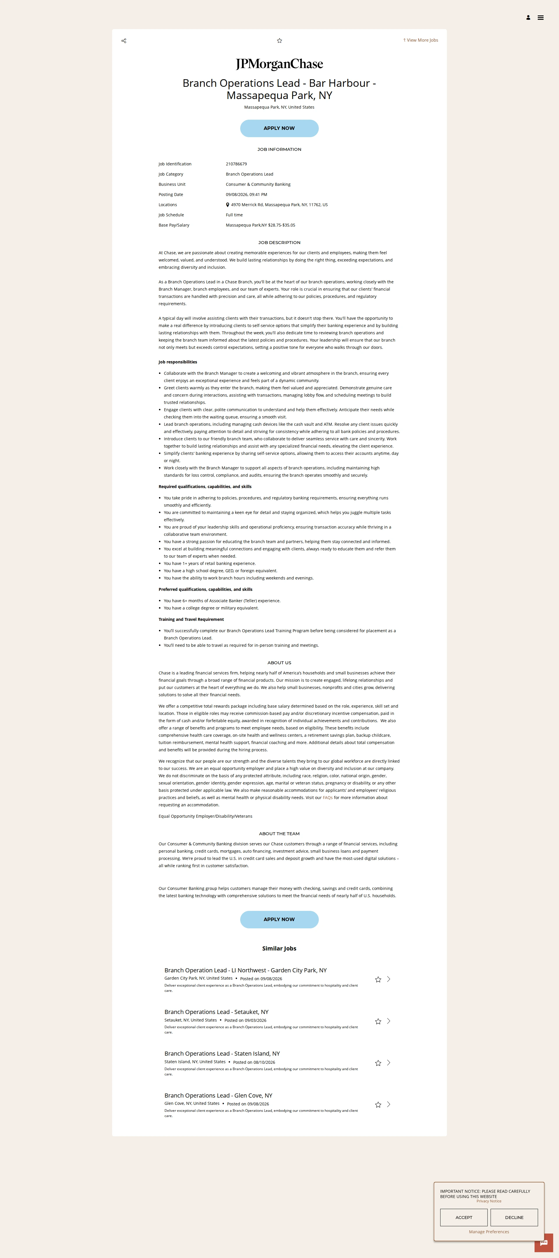 JPMorganChase Branch Operations Lead - Bar Harbour - Massapequa Park, NY 채용공고
