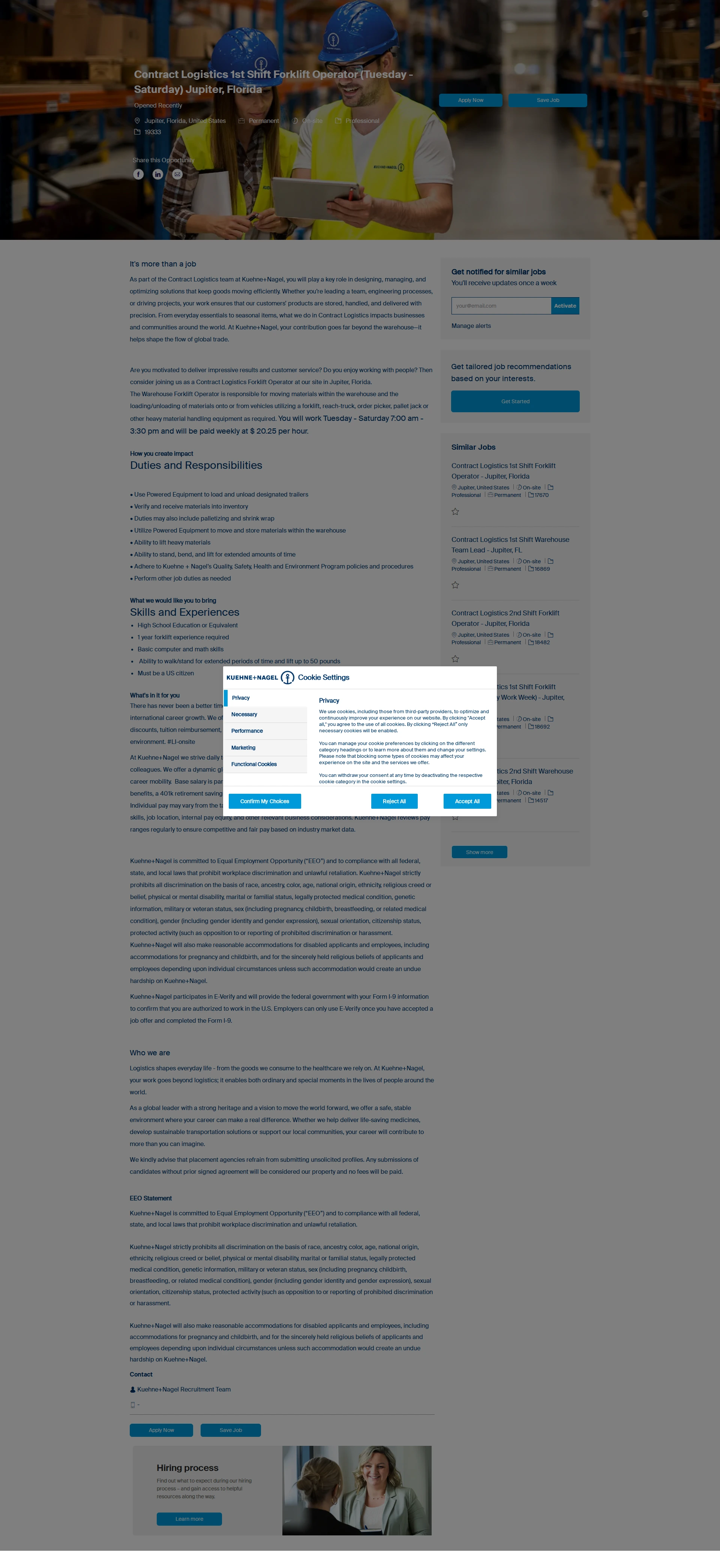 퀴네앤드나겔 Contract Logistics 1st Shift Forklift Operator (Tuesday - Saturday) Jupiter, Florida 채용공고