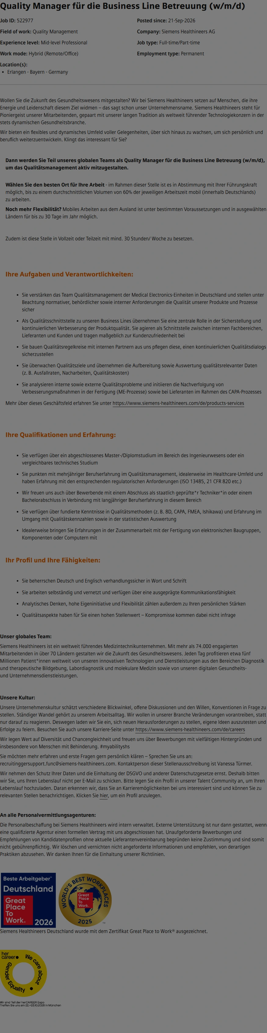 SiemensHealthineers Quality Manager für die Business Line Betreuung (w/m/d) 채용공고