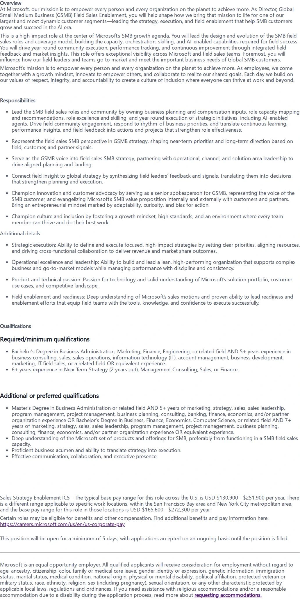 마이크로소프트(Microsoft) Director, Global Small Medium Business Field Sales Enablement 채용공고
