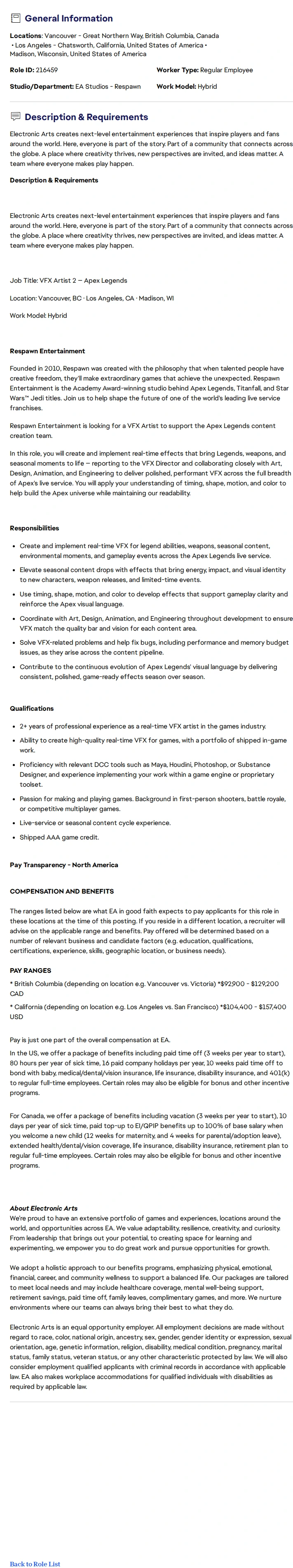 ElectronicArts VFX Artist II 채용공고