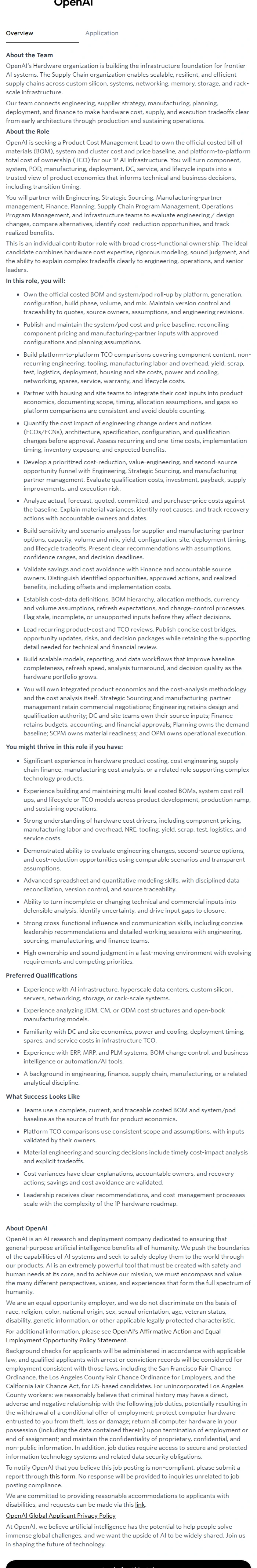 오픈에이아이(OpenAI) Product Cost Management Lead - AI Infrastructure 채용공고