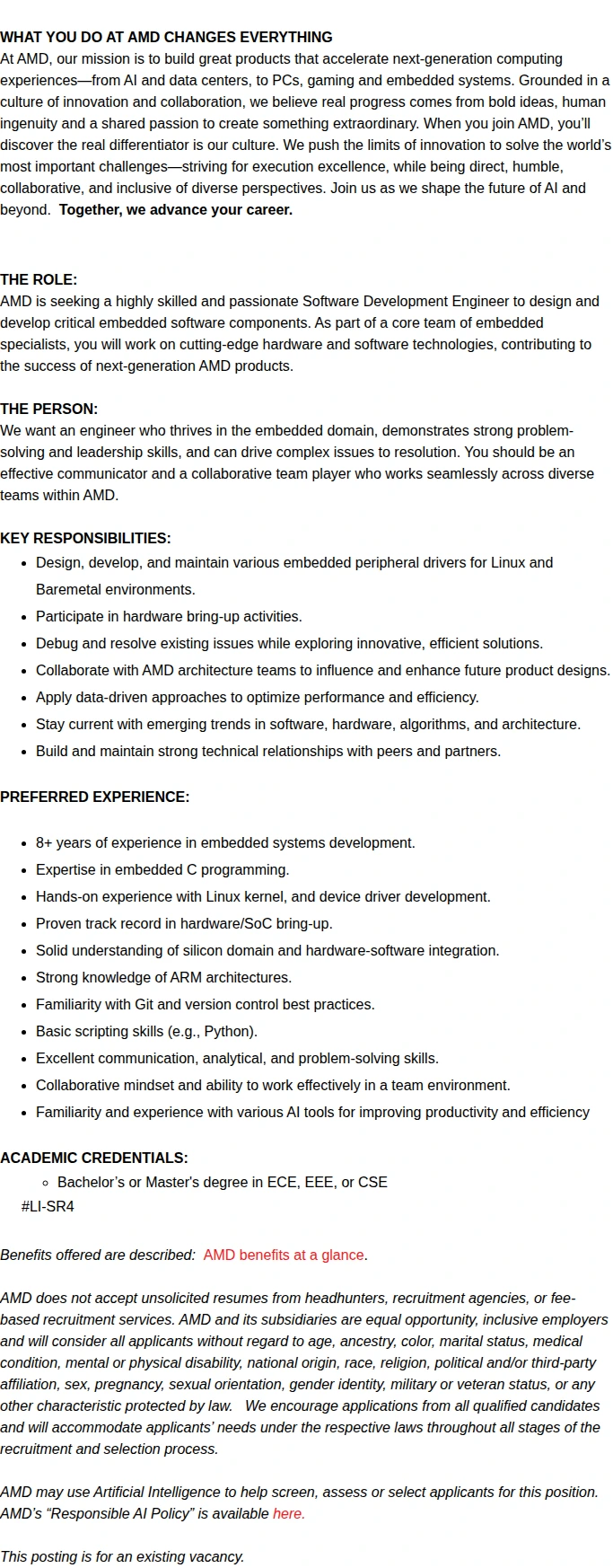 AMD Embedded Linux kernel device driver Developement Lead 채용공고