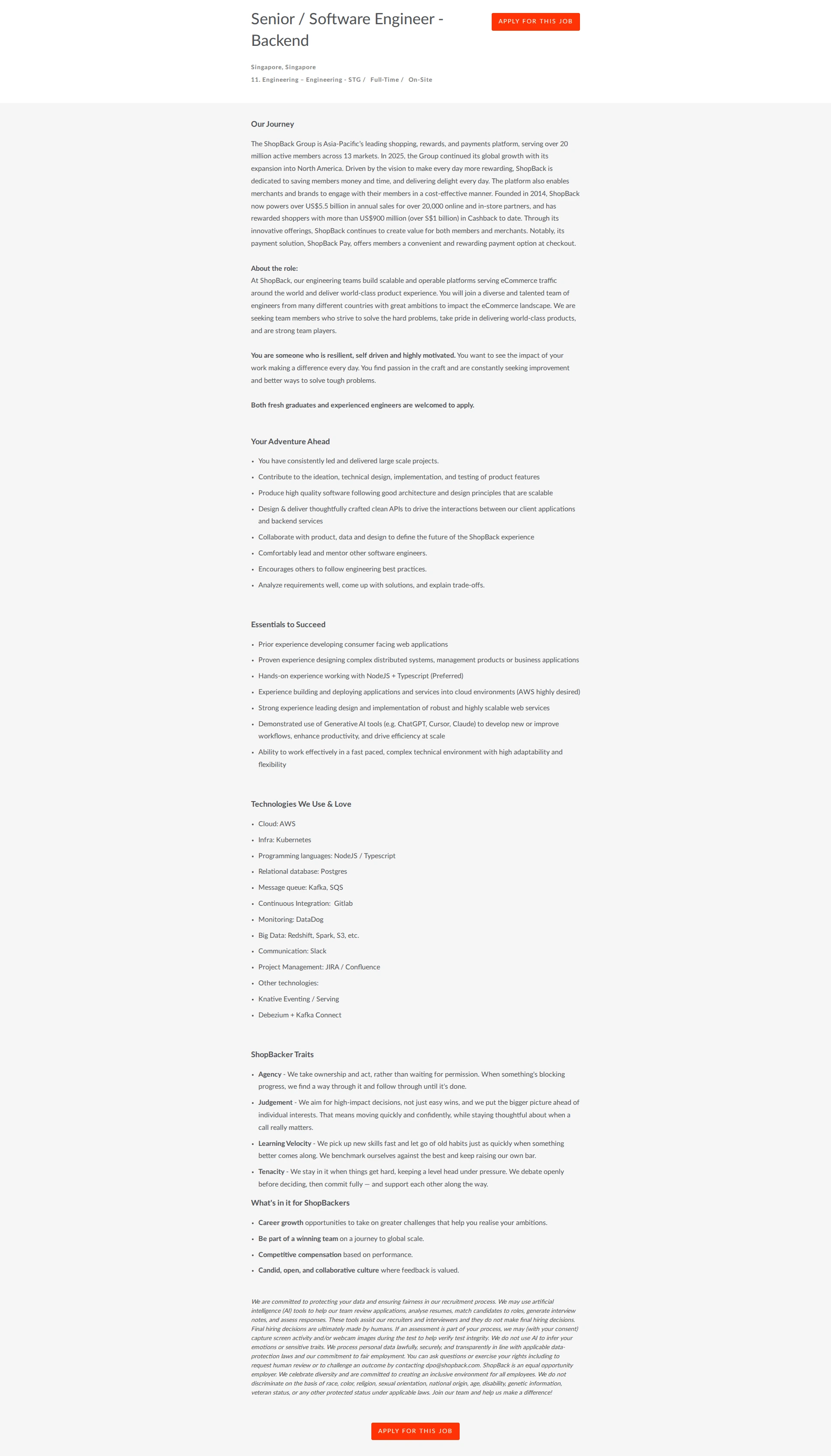 샵백 Senior / Software Engineer - Backend 채용공고