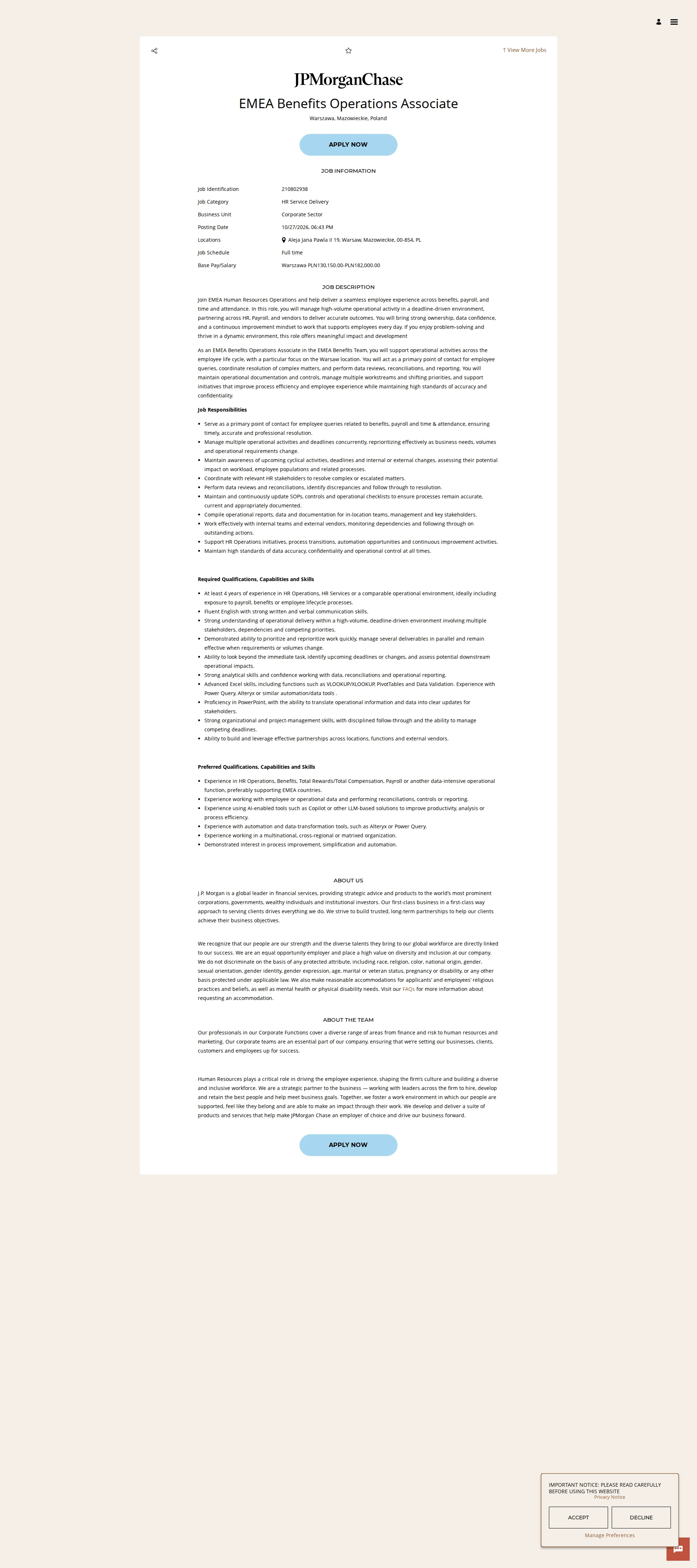 JPMorganChase EMEA Benefits Operations Associate 채용공고
