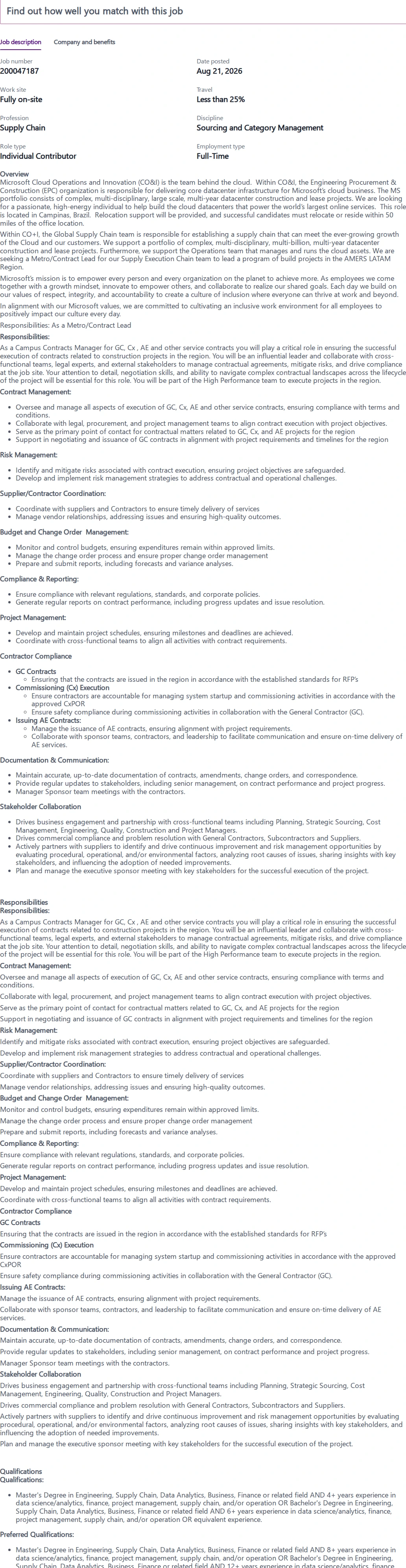 마이크로소프트(Microsoft) Sourcing and Category Management-Contract Management 채용공고