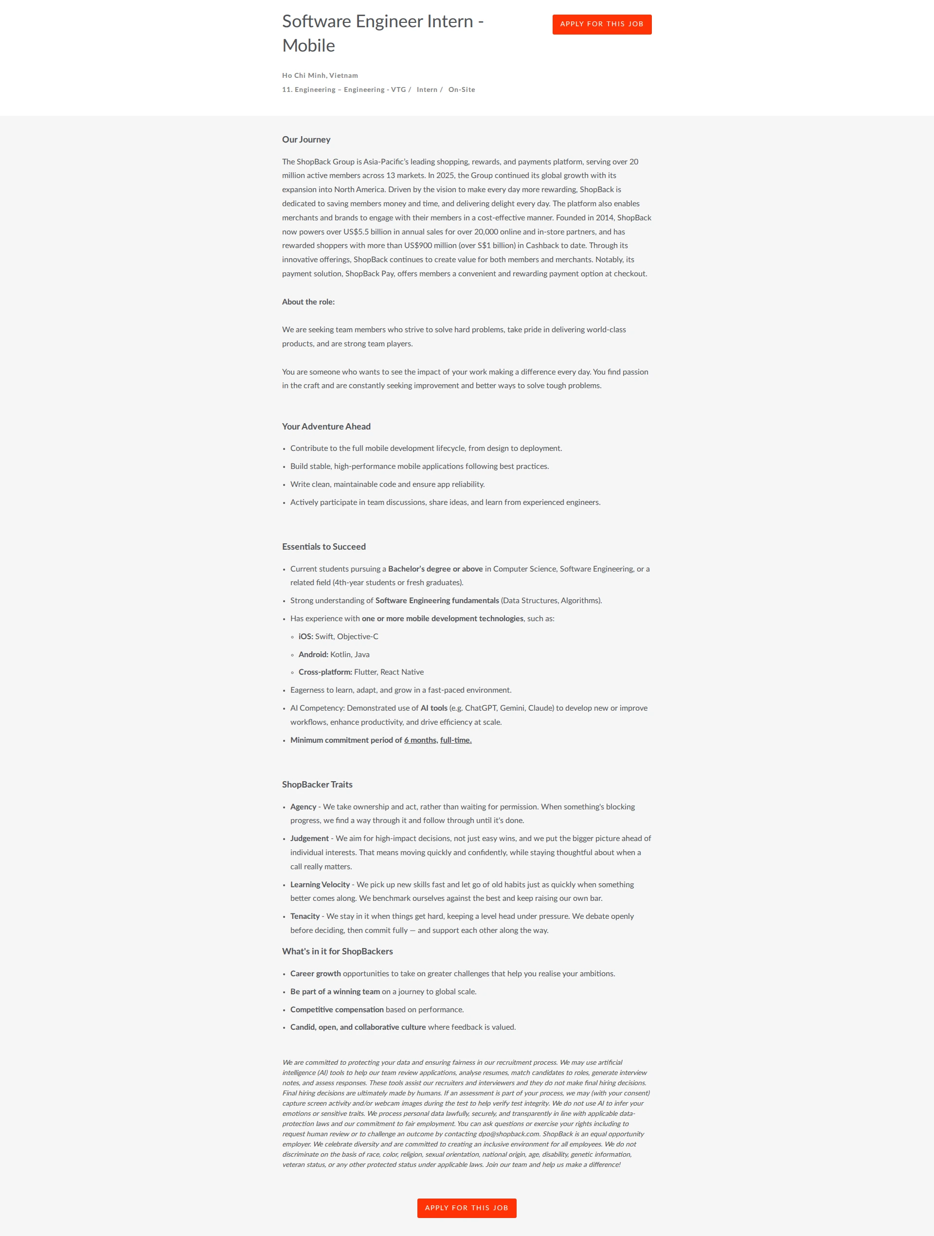 샵백 Software Engineer Intern - Mobile 채용공고