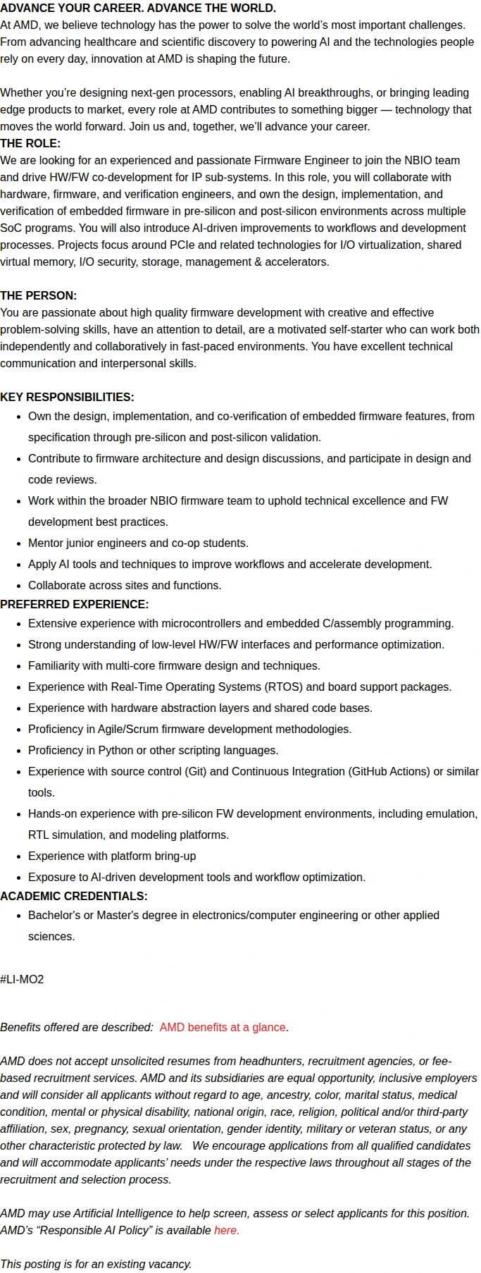 AMD Senior Firmware Engineer 채용공고