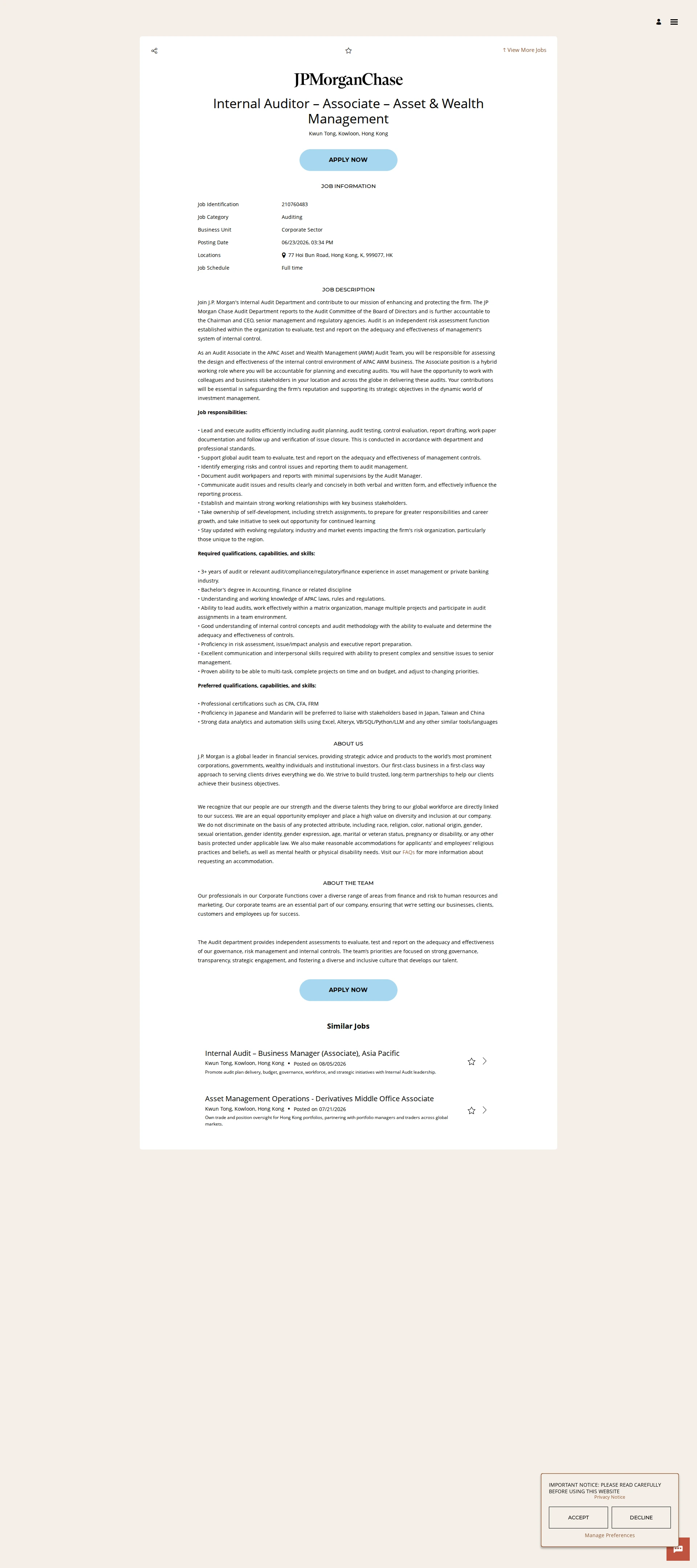 JPMorganChase Internal Auditor – Associate – Asset & Wealth Management 채용공고