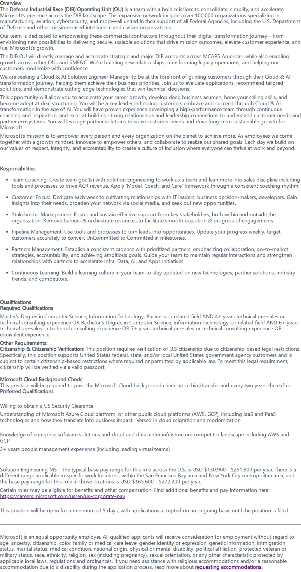 마이크로소프트(Microsoft) Cloud & AI Platform Solution Engineer Manager 채용공고