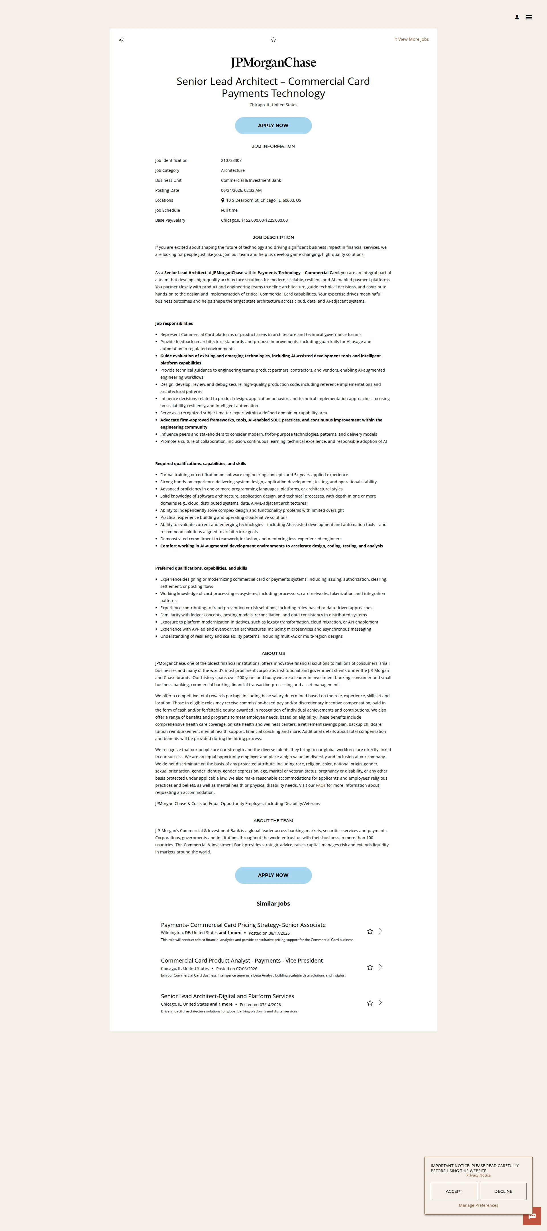 JPMorganChase Senior Lead Architect – Commercial Card Payments Technology 채용공고