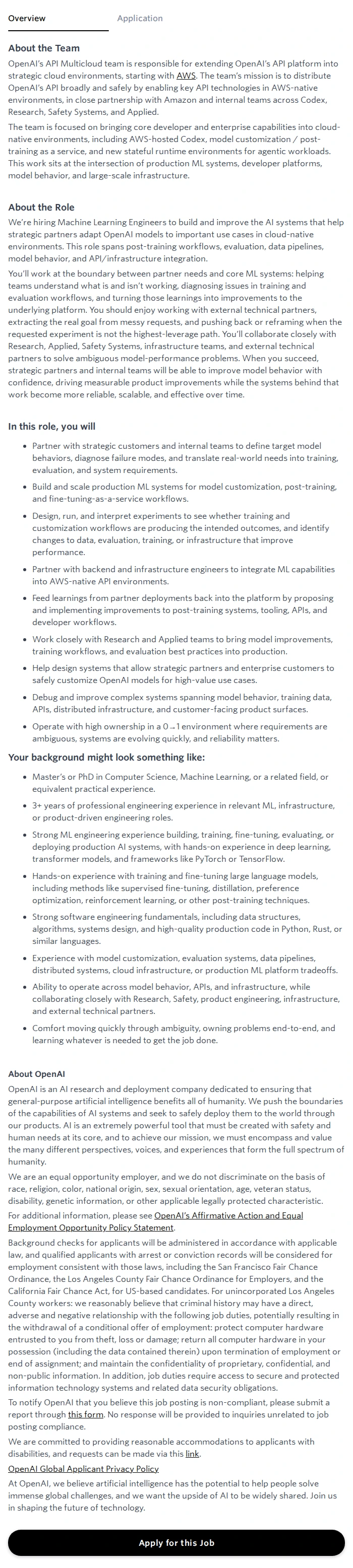 오픈에이아이(OpenAI) Machine Learning Engineer, API Multicloud 채용공고