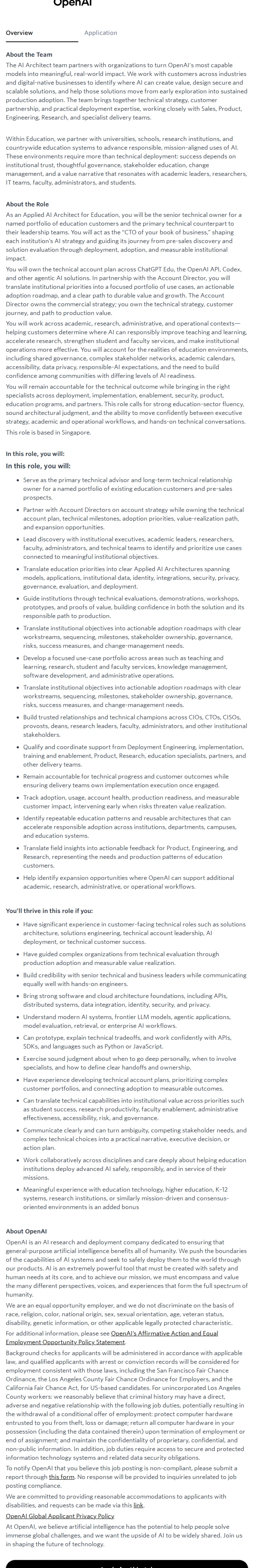 오픈에이아이(OpenAI) Applied AI Architect, Edu 채용공고