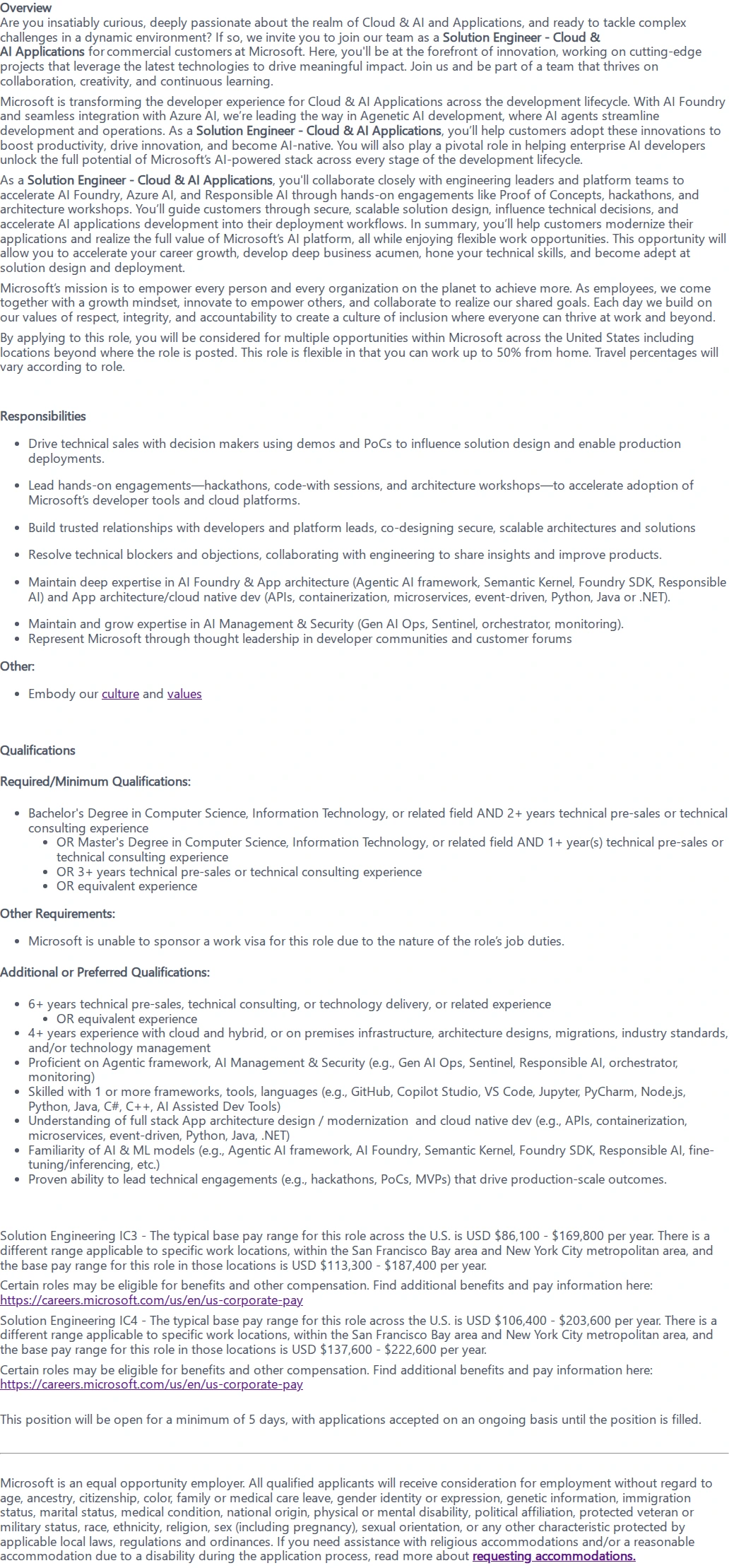 마이크로소프트(Microsoft) Solution Engineer - Cloud & AI Applications 채용공고