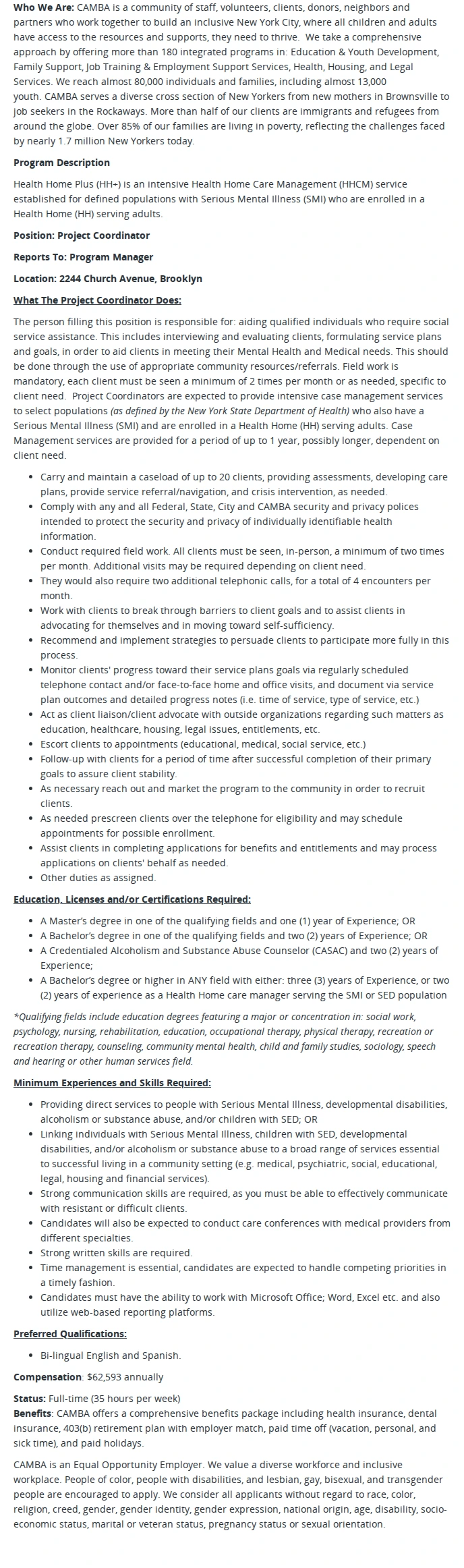 CAMBA Project Coordinator, Health Home Plus 채용공고