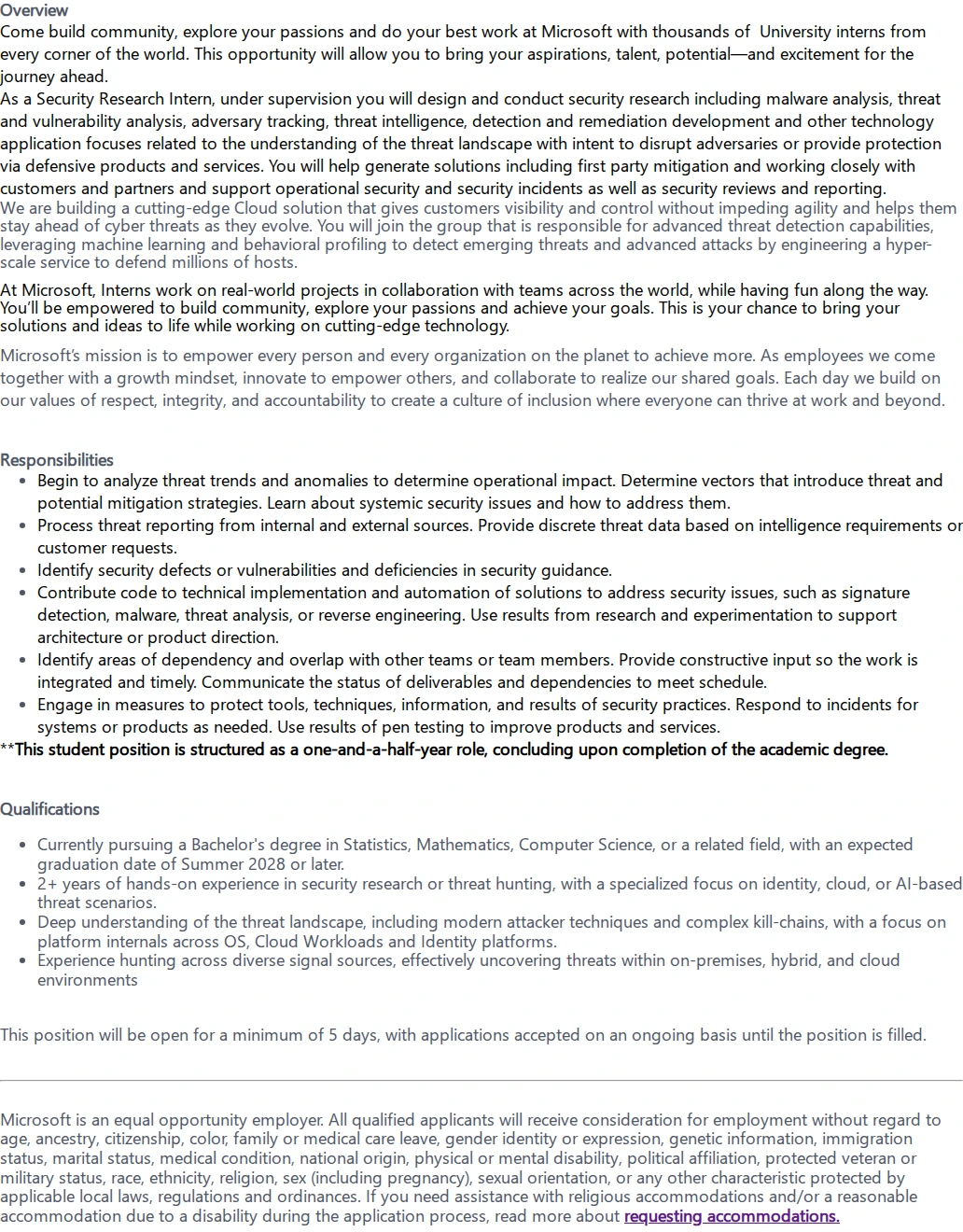 마이크로소프트(Microsoft) Security Research Internship Opportunities 채용공고
