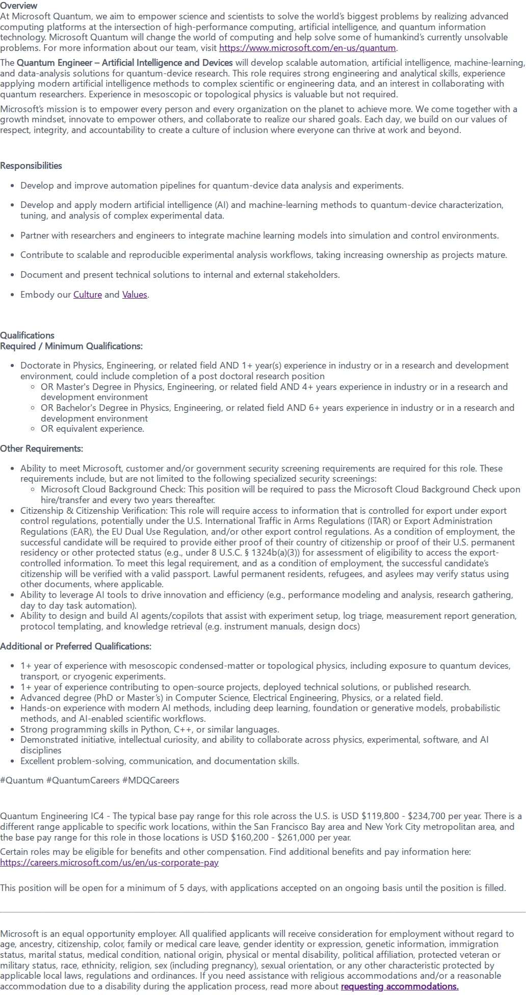 마이크로소프트(Microsoft) Quantum Engineer - Artificial Intelligence and Devices 채용공고