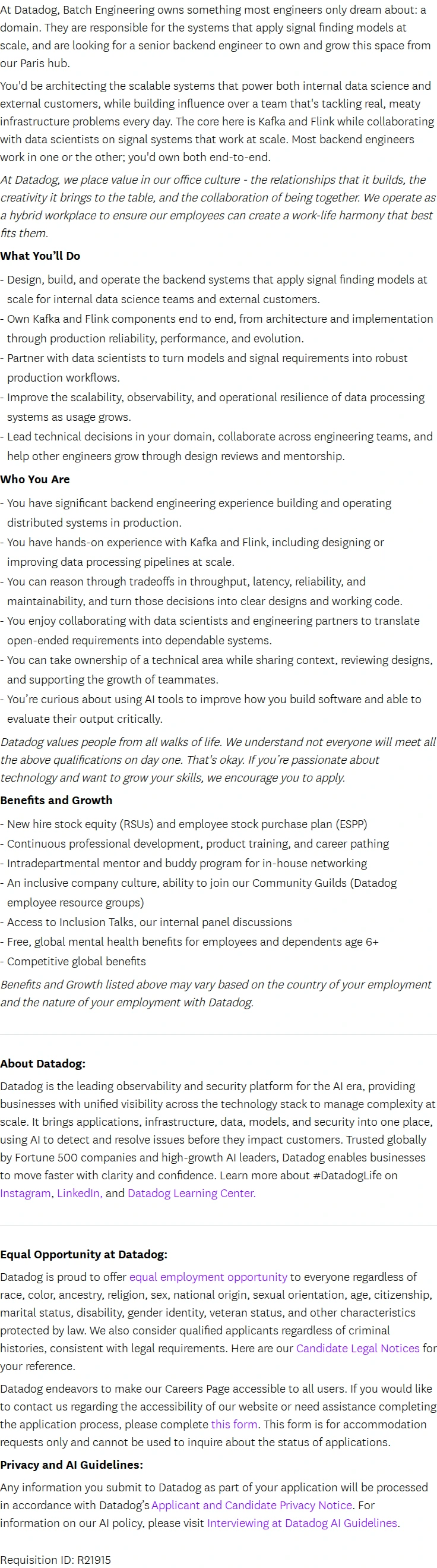 데이터독 Senior Software Engineer  - Distributed Systems (Applied AI) 채용공고