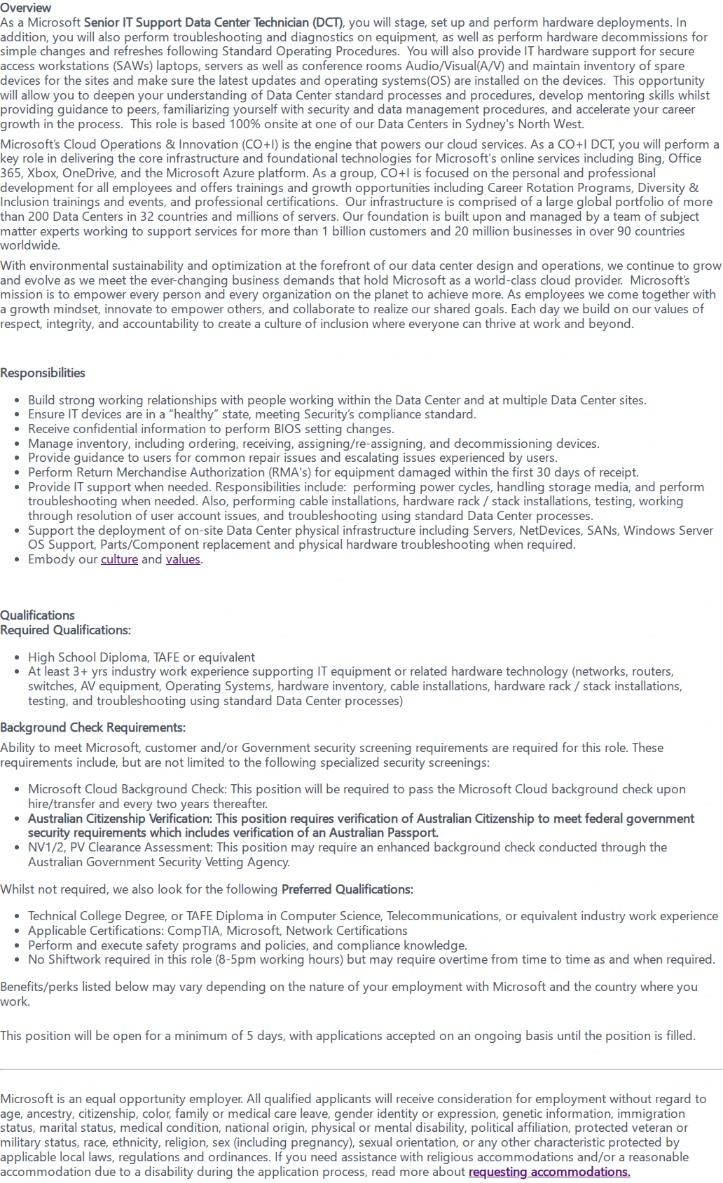 마이크로소프트(Microsoft) Snr Data Center IT Support Technician 채용공고