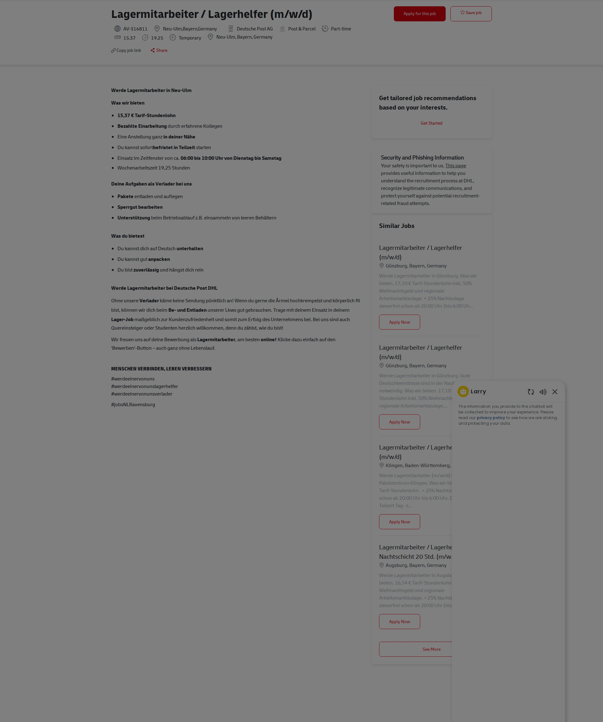 DHL Lagermitarbeiter / Lagerhelfer (m/w/d) 채용공고