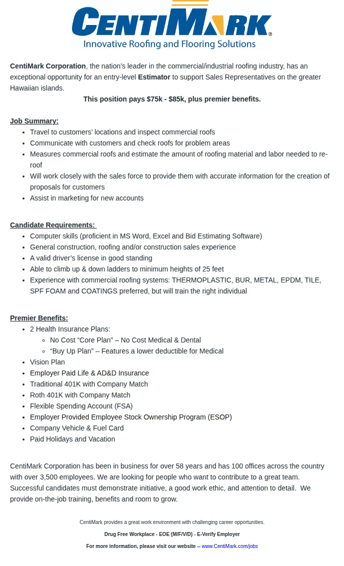 CentiMark Corporation Estimator 채용공고