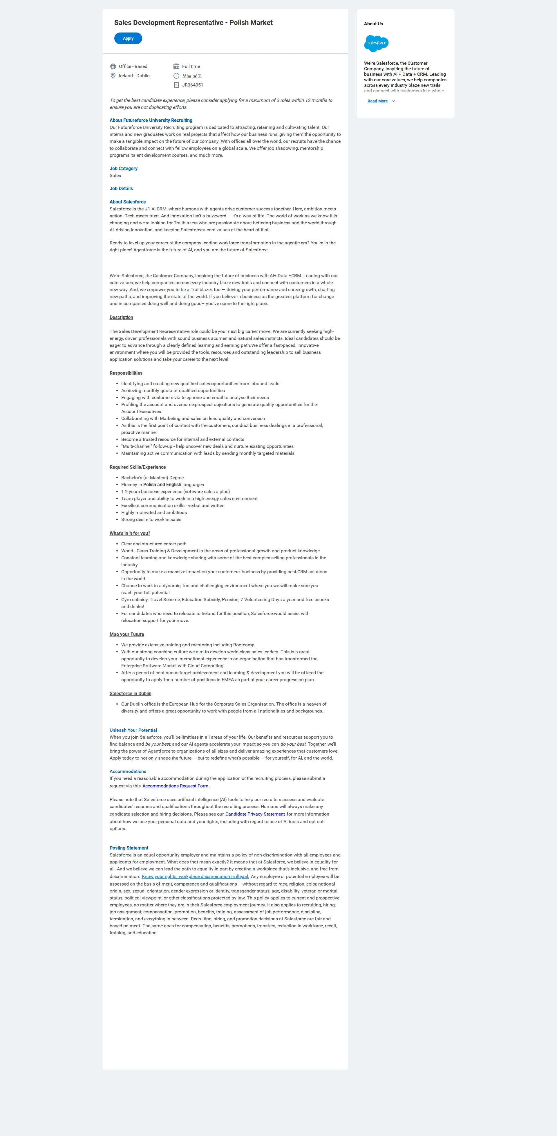Salesforce Sales Development Representative - Polish Market 채용공고
