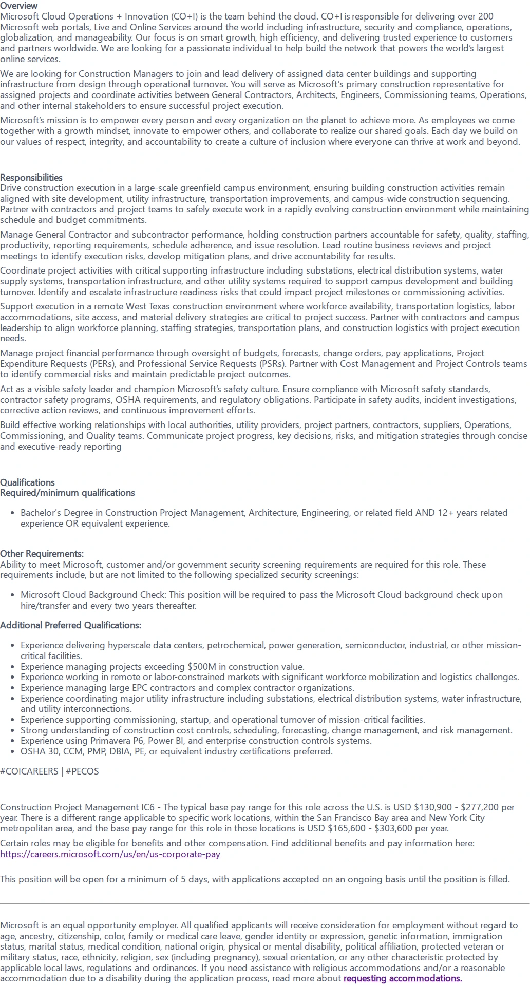 마이크로소프트(Microsoft) Construction Project Manager 채용공고