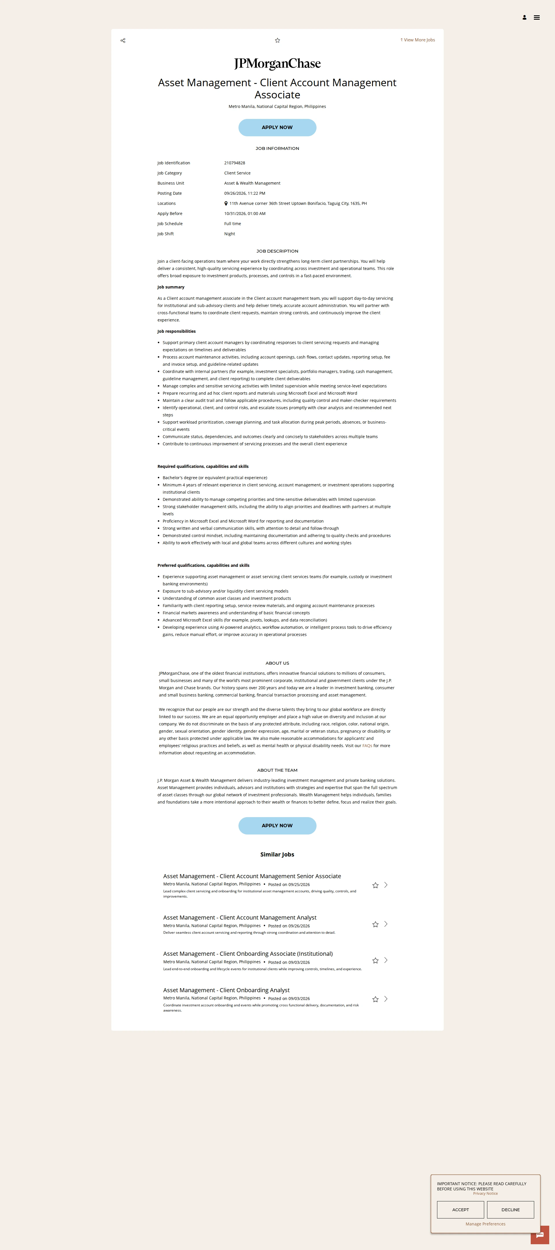 JPMorganChase Asset Management - Client Account Management Associate 채용공고