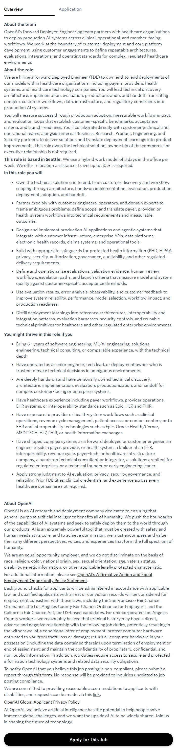 오픈에이아이(OpenAI) Forward Deployed Engineer (FDE), Healthcare - Seattle 채용공고