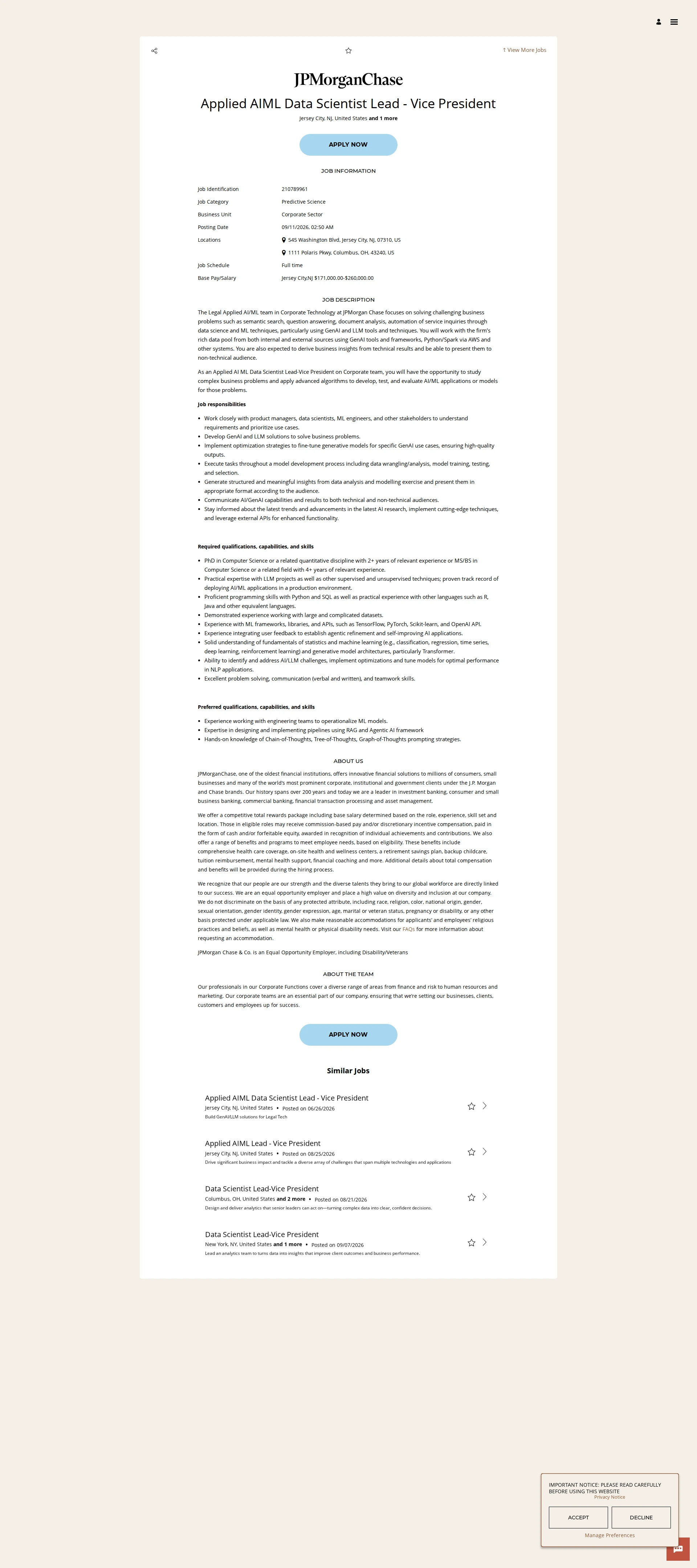JPMorganChase Applied AIML Data Scientist Lead - Vice President 채용공고