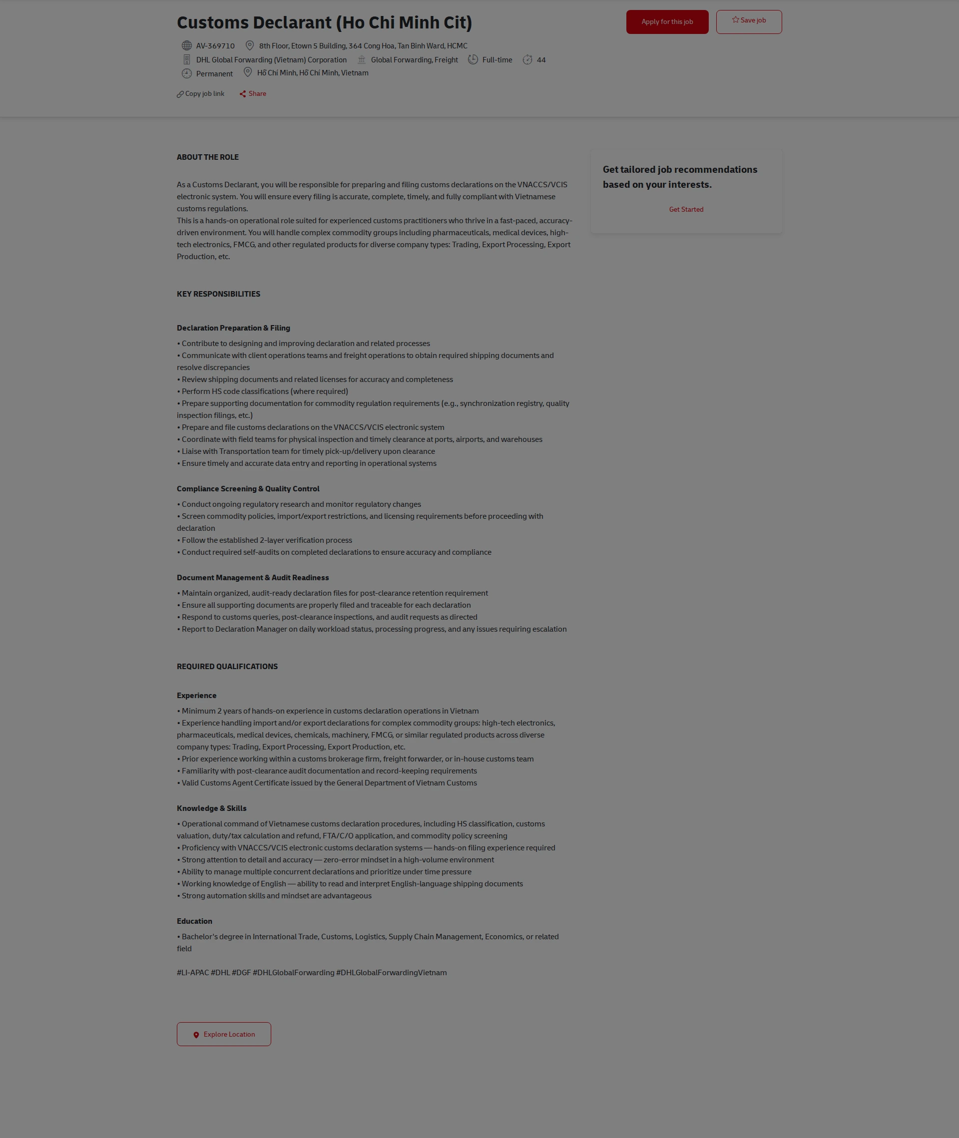 DHL Customs Declarant (Ho Chi Minh Cit) 채용공고
