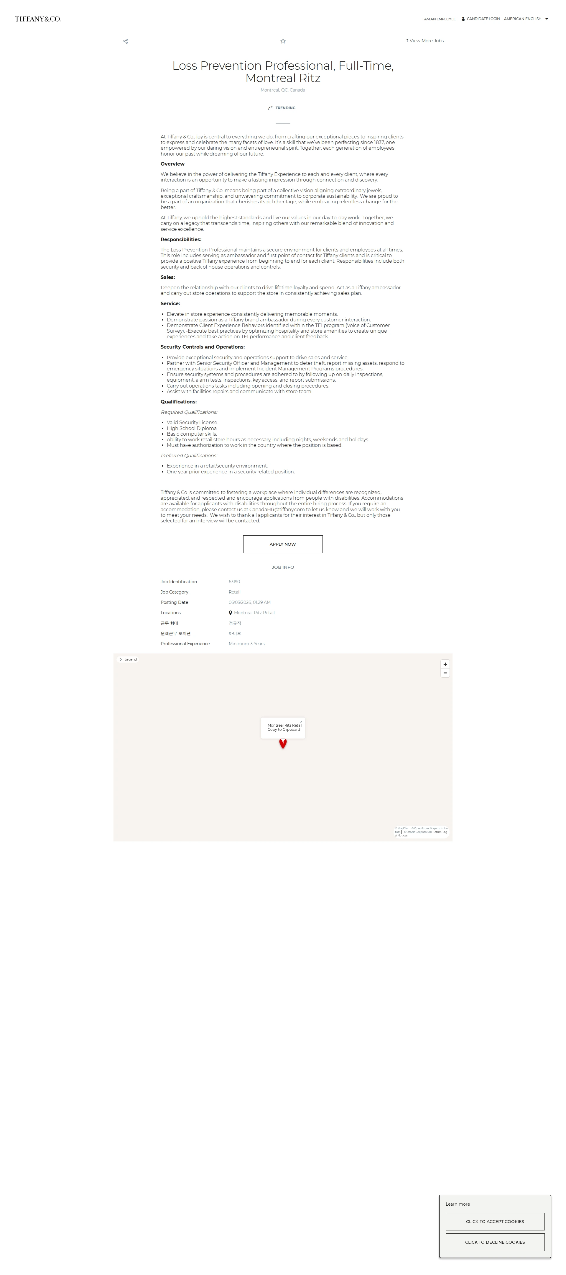티파니앤코 Loss Prevention Professional, Full-Time, Montreal Ritz 채용공고