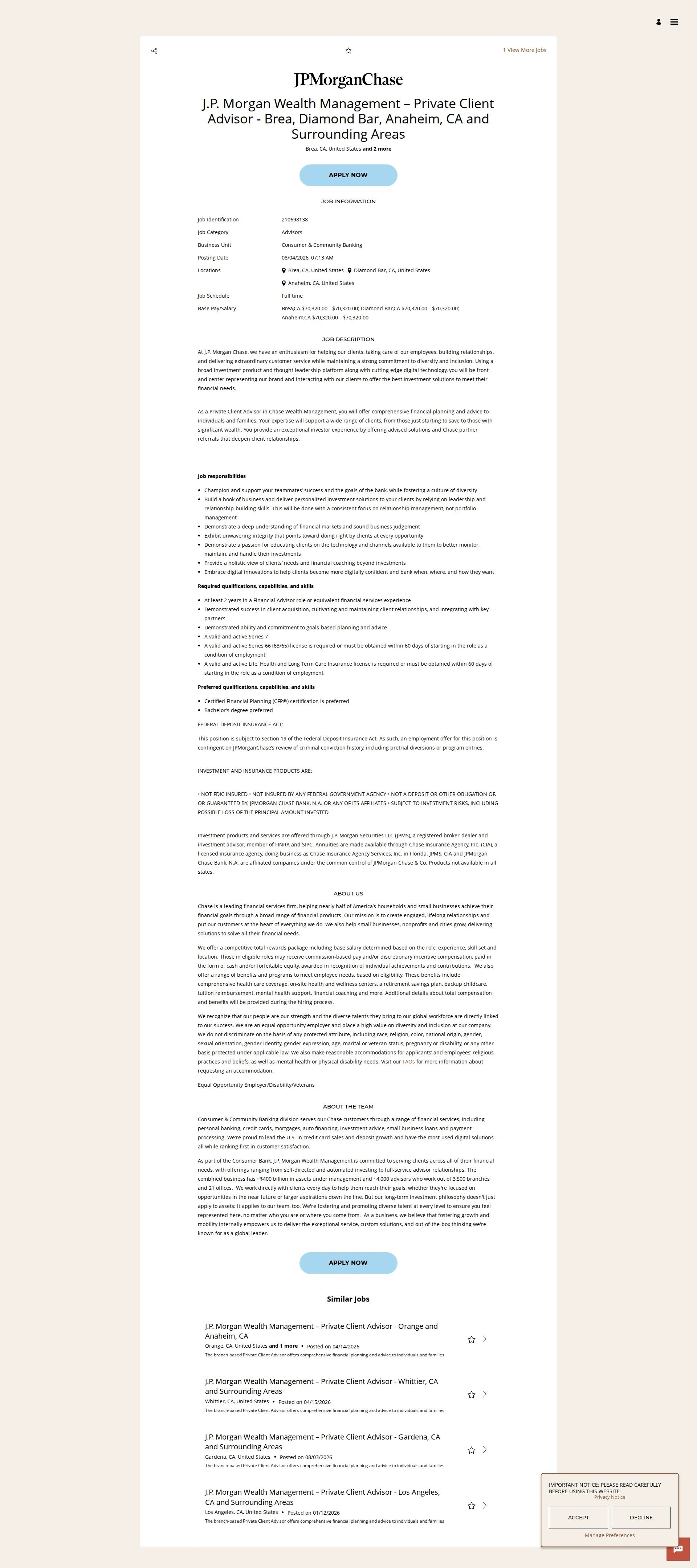 JPMorganChase J.P. Morgan Wealth Management – Private Client Advisor - Brea, Diamond Bar, Anaheim, CA and Surrounding Areas 채용공고