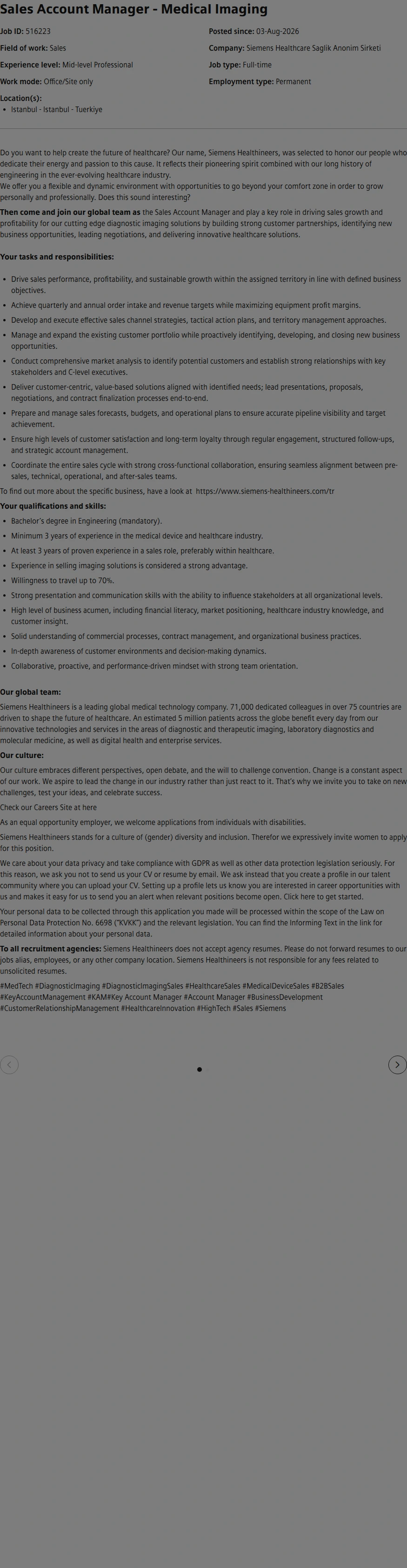 SiemensHealthineers Sales Account Manager - Medical Imaging 채용공고