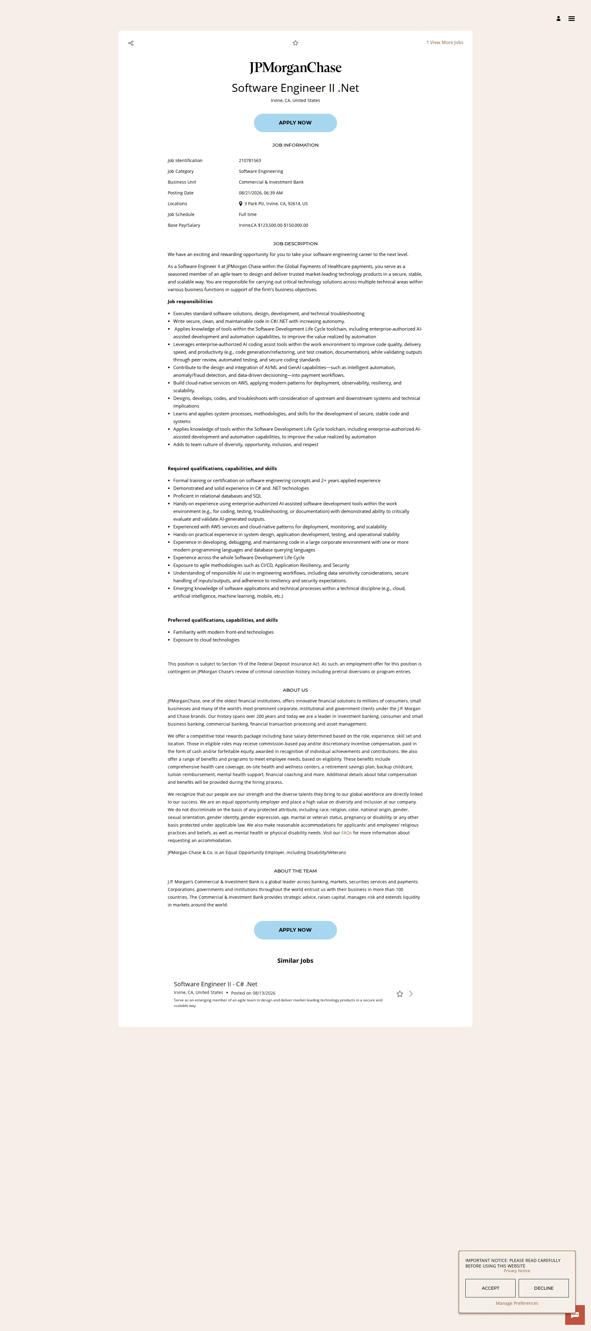 JPMorganChase Software Engineer II .Net 채용공고