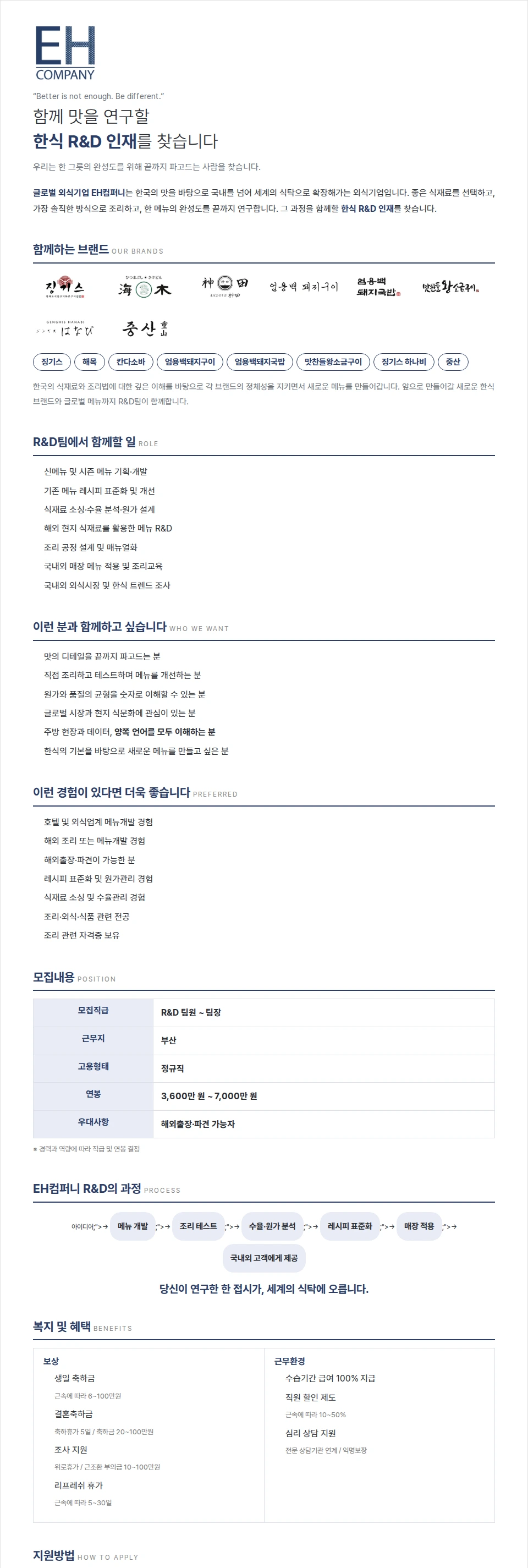 이에이치컴퍼니 글로벌 외식기업 [ EH컴퍼니 ] 메뉴개발팀원 모집합니다. 채용공고