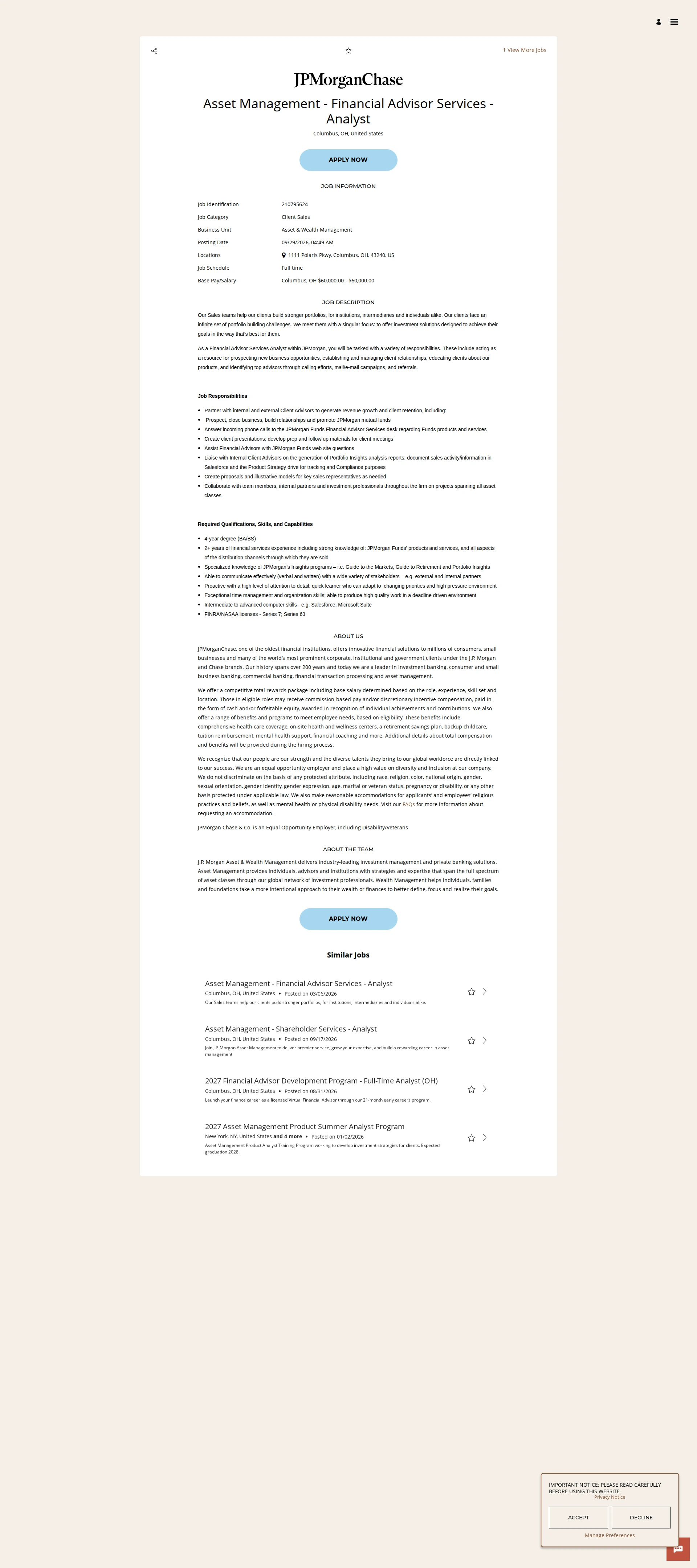 JPMorganChase Asset Management - Financial Advisor Services - Analyst 채용공고