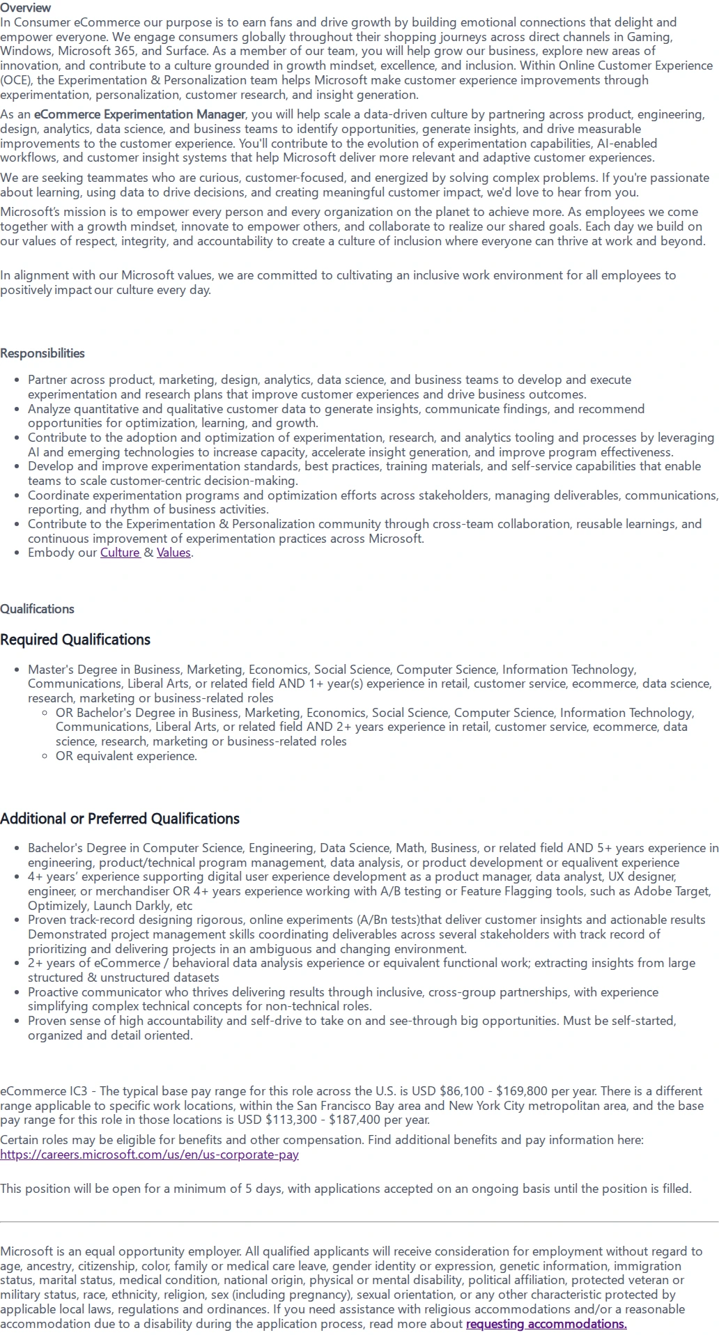마이크로소프트(Microsoft) eCommerce Experimentation Manager 채용공고