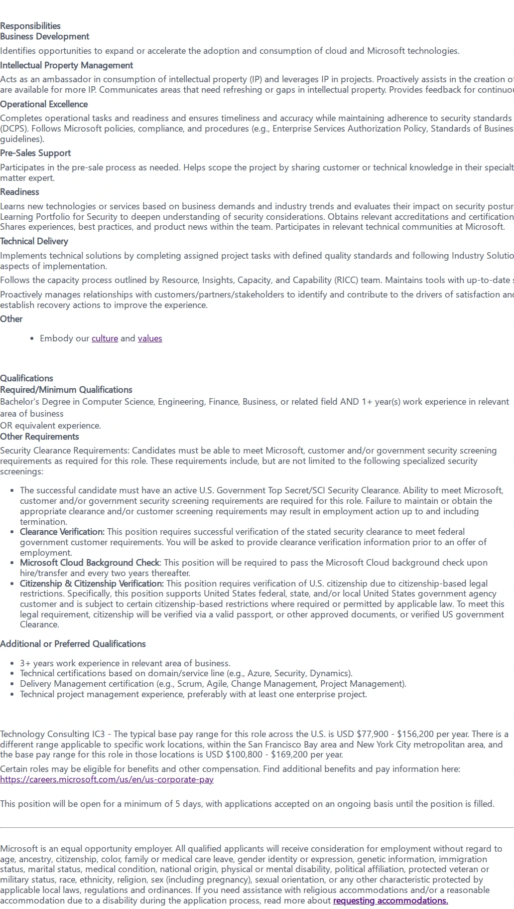 마이크로소프트(Microsoft) Technical Consultant - Microsoft Federal -  CTJ - TS/SCI 채용공고