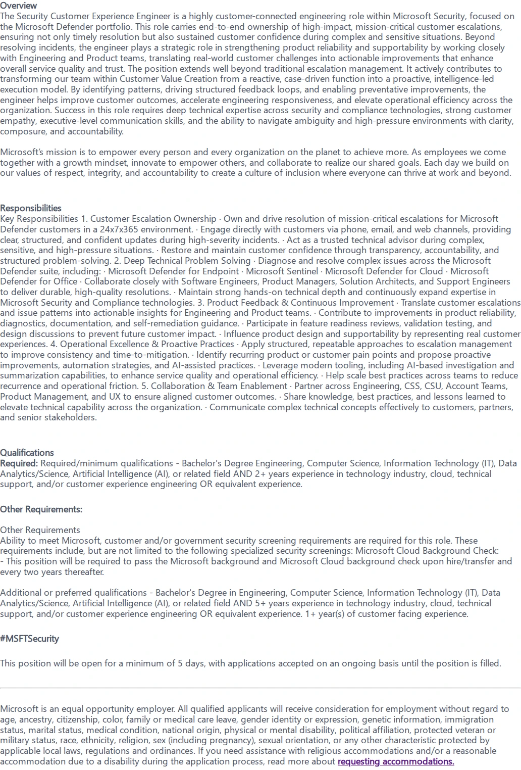 마이크로소프트(Microsoft) Customer Experience Engineer II 채용공고