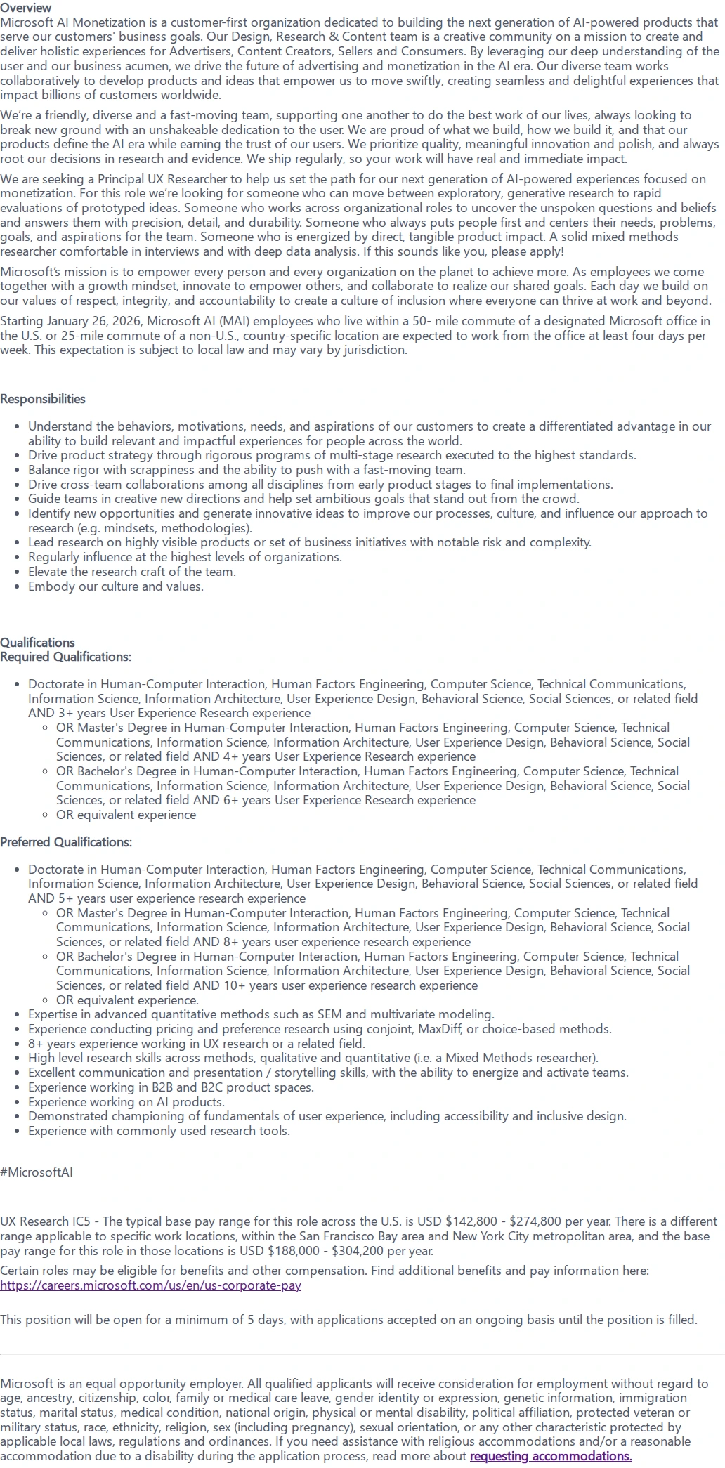 마이크로소프트(Microsoft) Principal UX Researcher 채용공고