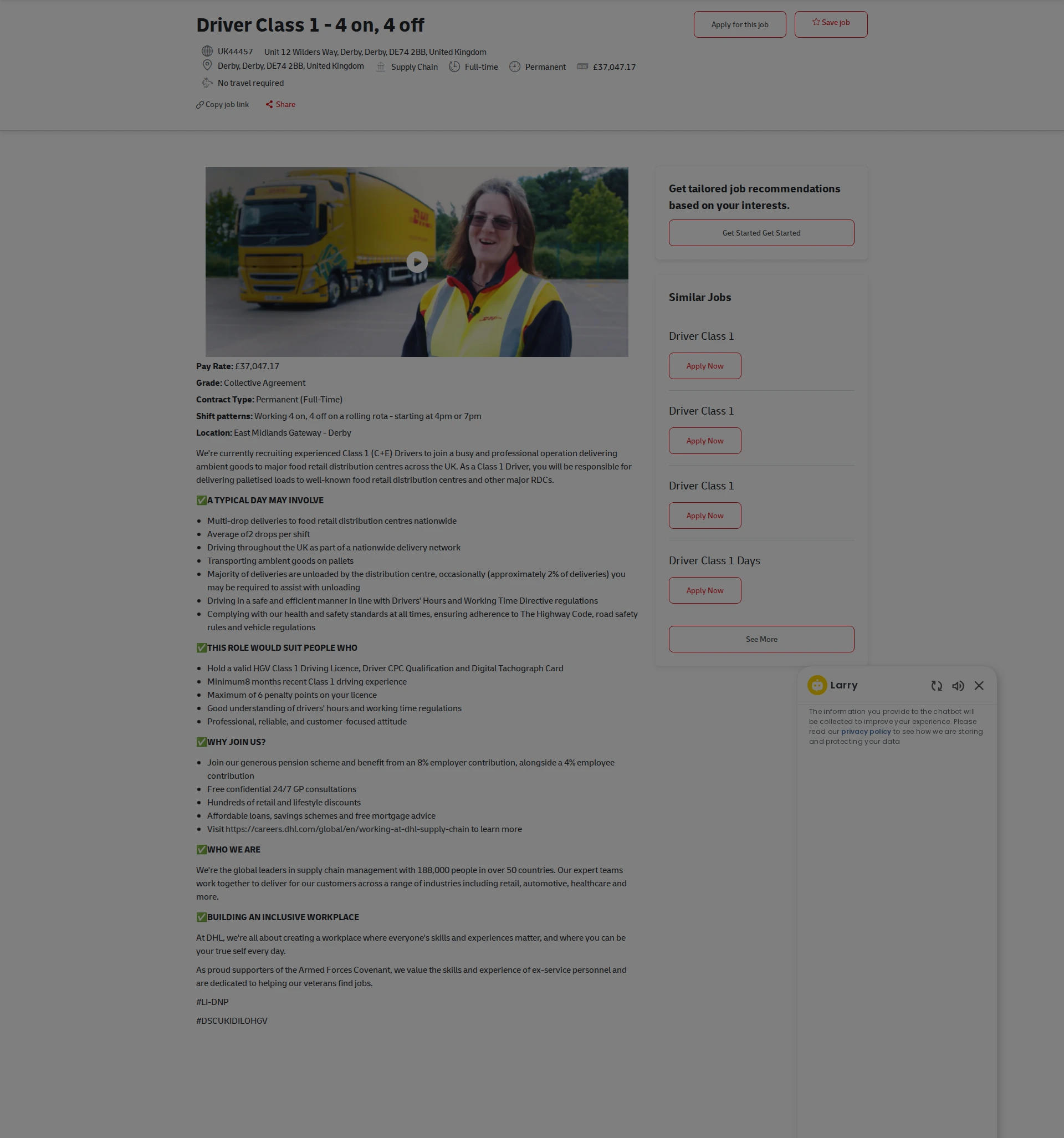 DHL Driver Class 1 - 4 on, 4 off 채용공고