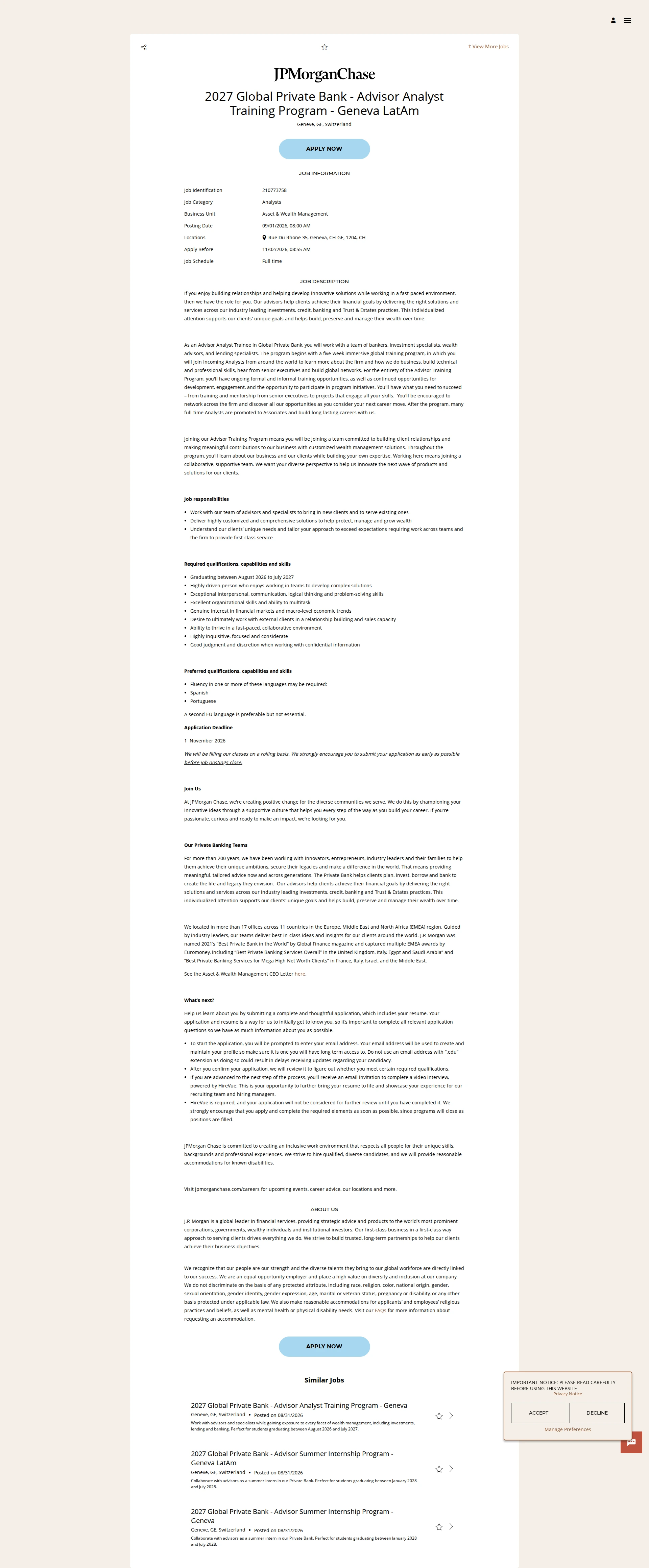 JPMorganChase 2027 Global Private Bank - Advisor Analyst Training Program - Geneva LatAm 채용공고